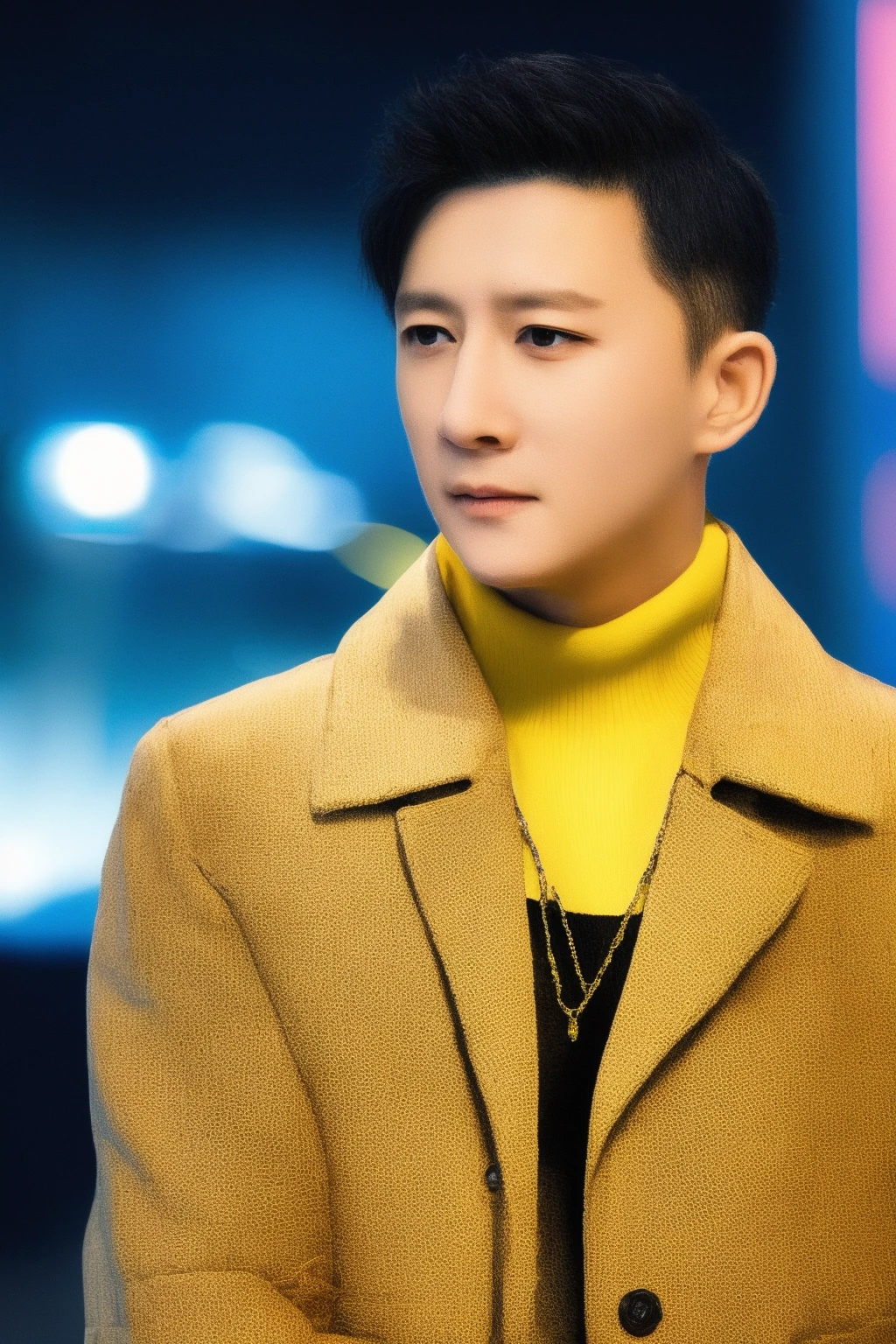 coat,depth of field,formal,hg,holding,jacket,long sleeves,mengyun,necklace,open shirt,shirt,short hair,snowflakes,upper body,watch,wristwatch,yellow sweater,<lora:HG-000012:0.9>,