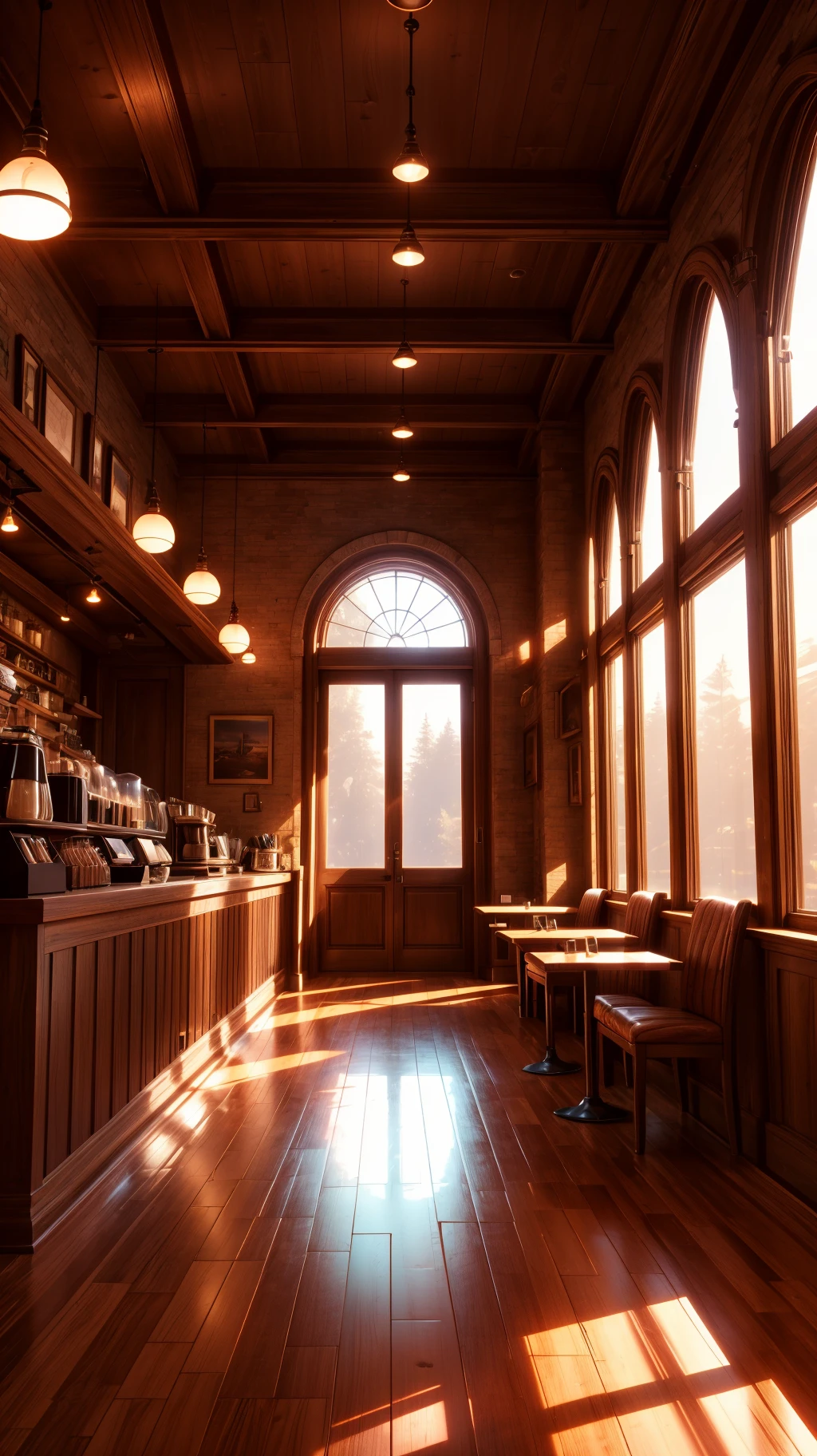 inside of a warmly lit coffee shop, masterpiece, 8k, award winning, high quality, best quality, cinematic, intense lighting, vivid colors, extremely detailed,