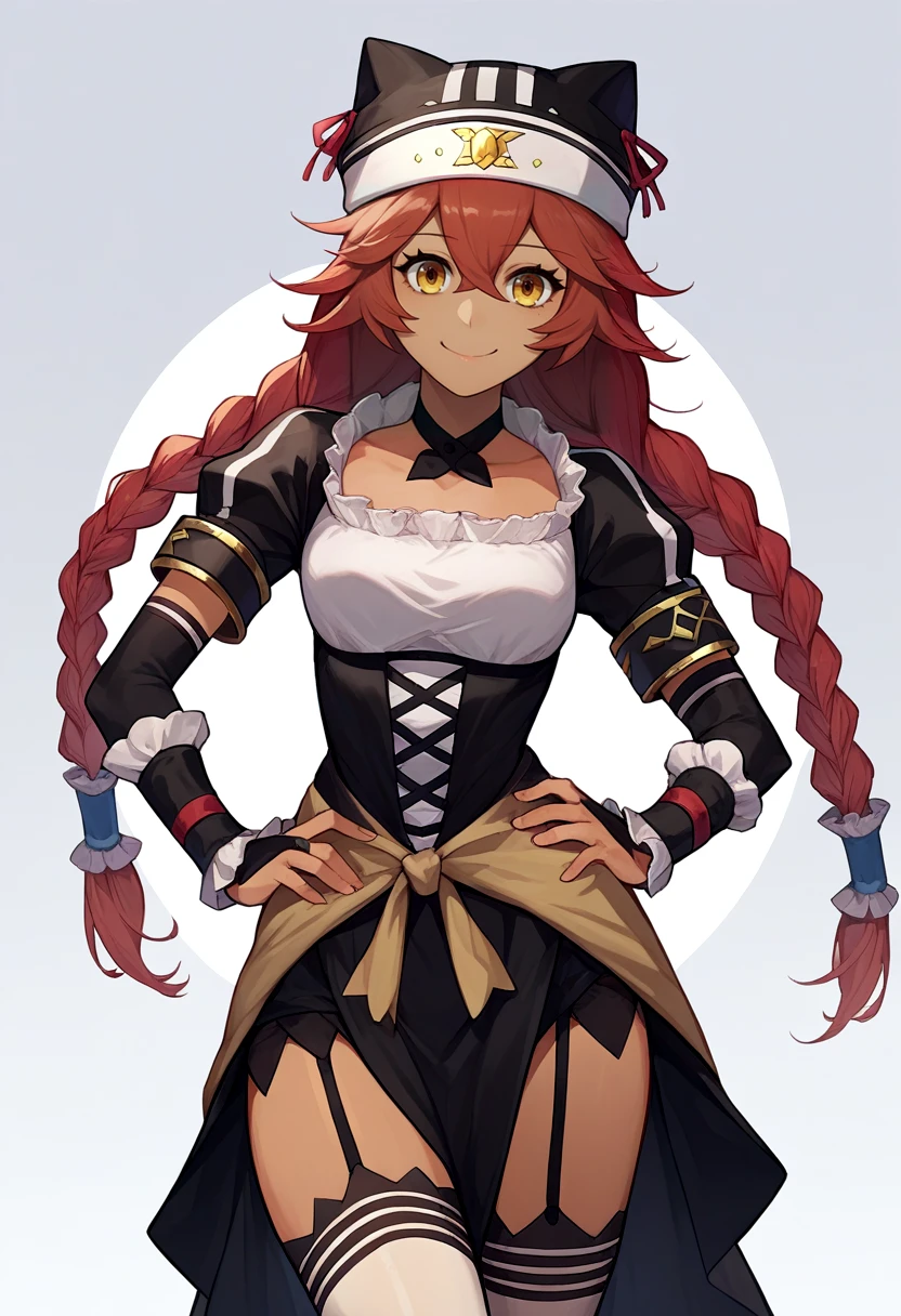 score_9, score_8_up, score_7_up, source_anime, solo, 1girl, lupusregina beta, dark skin, smile, looking at viewer, hand on hip, twin braids, hat, frills, black dress, short sleeves, bridal gauntlets, white thighhighs, garter straps <lora:ol_lupusreginabeta_ponyXL:1>