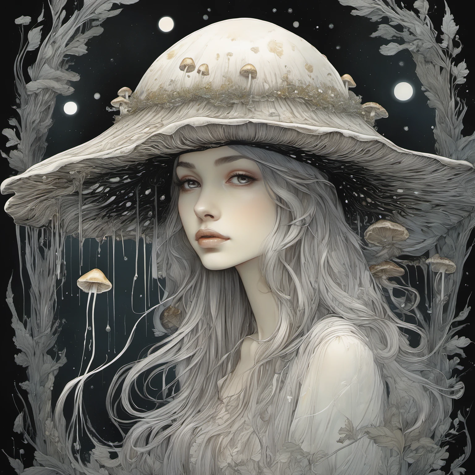 The little mushroom ghost witch,  cute face,  magical,  surreal,  whimsical breathtaking hauntingly beautiful, coprinus_comatus hat with shiny black deliquescence drips on the brim,  storybook illustration,  masterpiece,  by rebecca guay and carne griffiths and charlie bowater,  chris riddell,<lora:EMS-300143-EMS:0.500000>