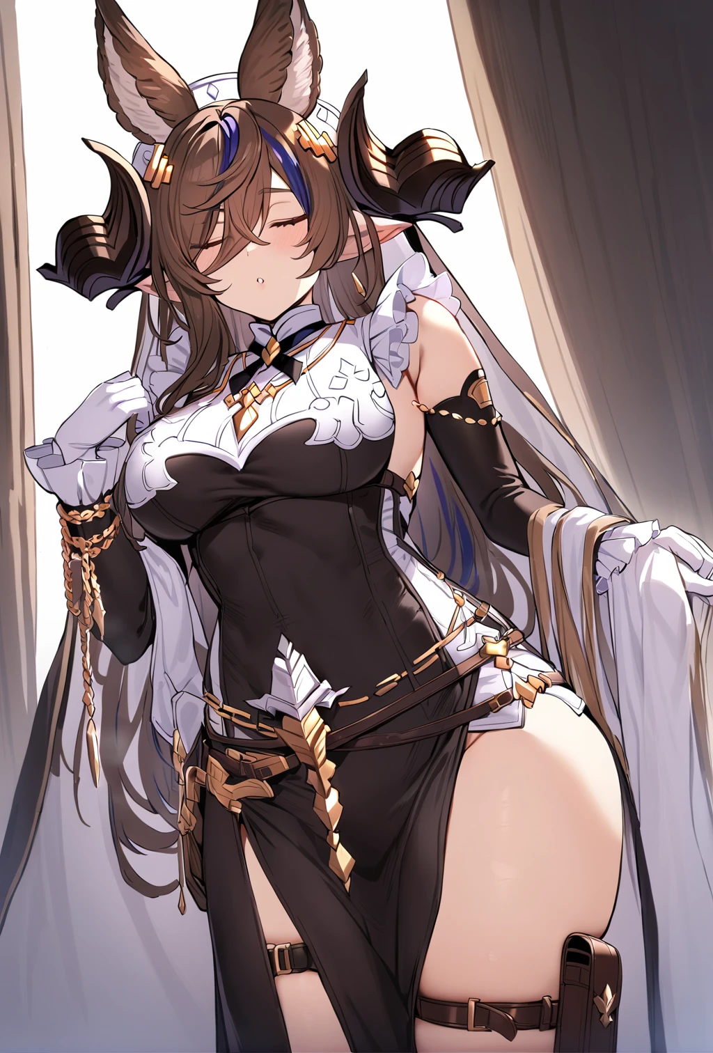 masterpiece, best quality, 1girl, <lora:spgbfGalleonXL:1> galleondef, horns, closed eyes, dress, white gloves, frills, detached sleeves, frilled sleeves, thighhighs, thigh strap, pelvic curtain