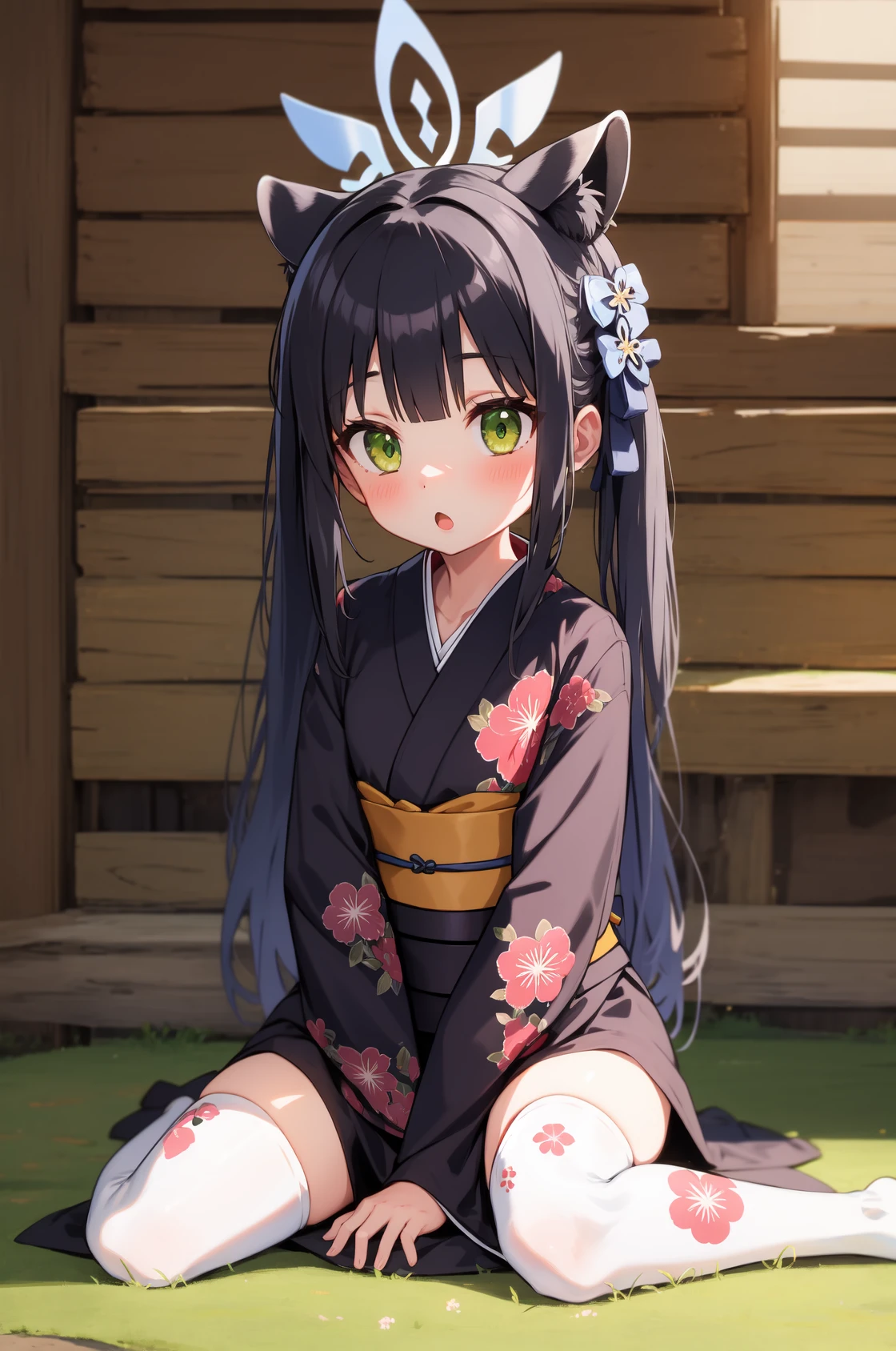 1girl, solo, (masterpiece, best quality), outdoors, shun, green eyes, black hair, bangs, twintails, hair bow, hair ornament, animal ears, halo, flat chest, :o, black kimono, japanese clothes, long sleeves, wide sleeves, floral print, sash, long dress, white thighhighs, pelvic curtain, wariza, sitting, front view, arms between legs