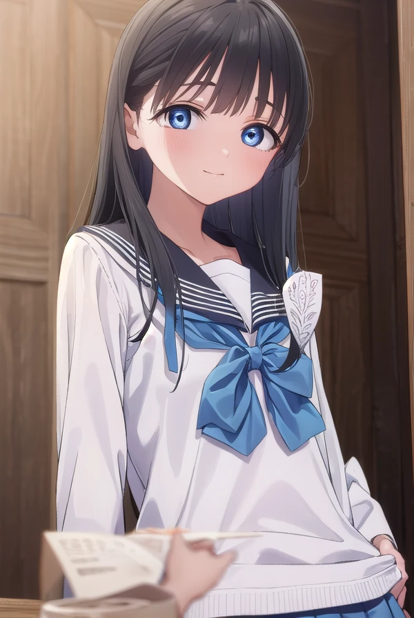 komichiakebi, <lora:komichi akebi s1-lora-nochekaiser:1>,
komichi akebi, long hair, bangs, blue eyes, black hair, smile,
BREAK shirt, long sleeves, bow, school uniform, white shirt, serafuku, sailor collar, neckerchief, blue bow, black sailor collar, blue neckerchief,
BREAK indoors, classroom,
BREAK looking at viewer, (cowboy shot:1.5),
BREAK <lyco:GoodHands-beta2:1>, (masterpiece:1.2), best quality, high resolution, unity 8k wallpaper, (illustration:0.8), (beautiful detailed eyes:1.6), extremely detailed face, perfect lighting, extremely detailed CG, (perfect hands, perfect anatomy),