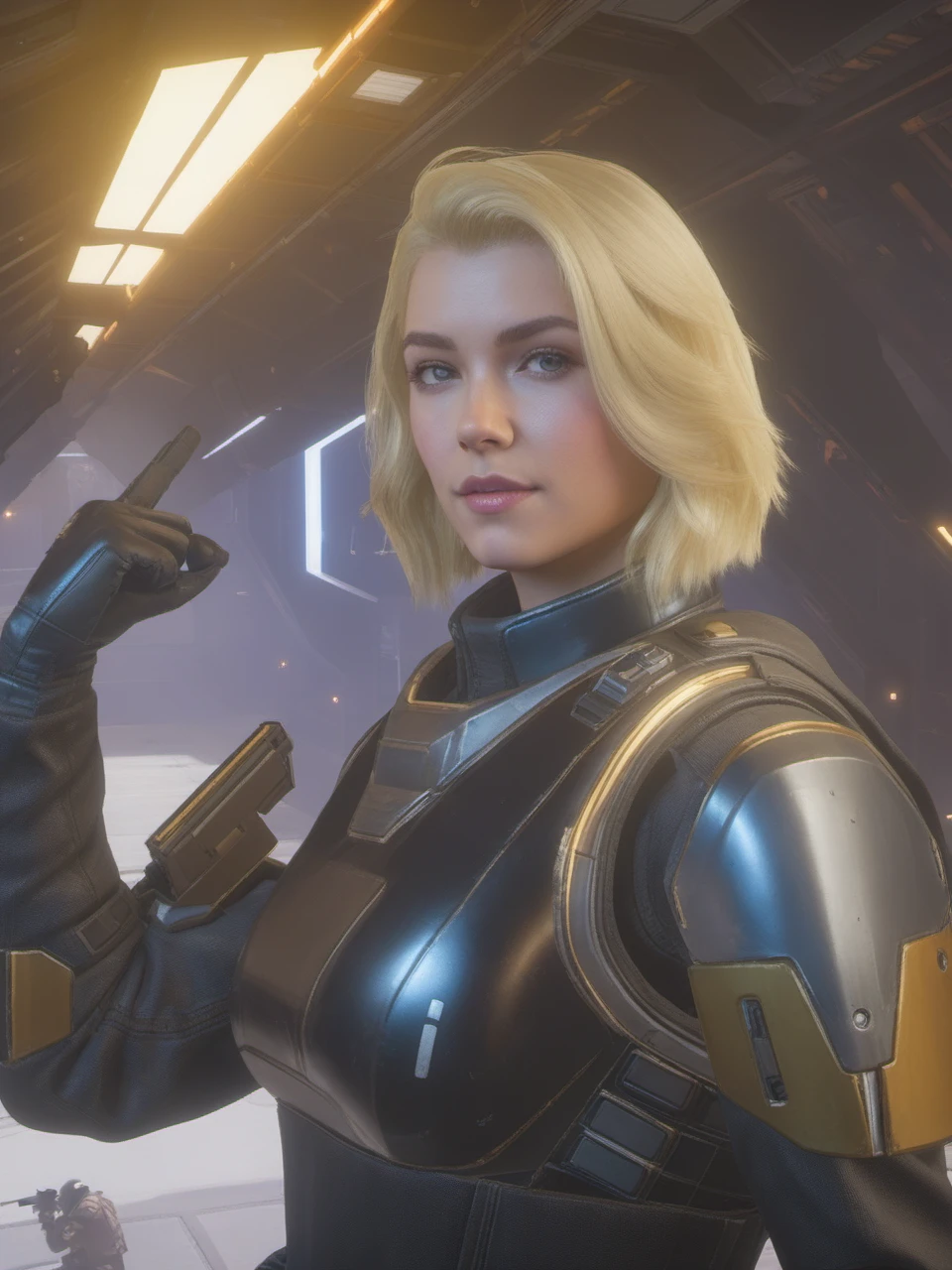 helldivers, Blonde girl with helmet off, finger V close-up, cyberpunk building background, <lora:helldivers:0.5>