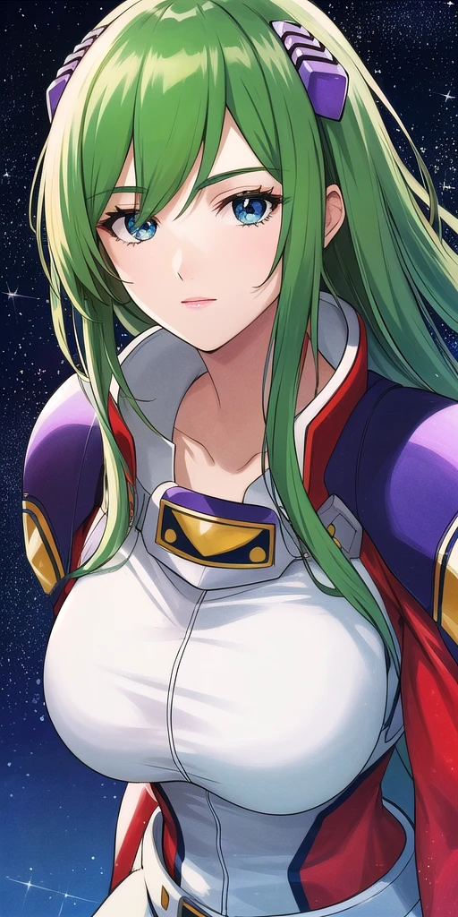 <lora:EmiliaJeniusV3:0.7> emiliajenius, huge_breasts, huge_breasts, standing, solo, Red_pilot_suit_White_bustier_Purple_shoulder_pads_High_collar, starry_sky, green_hair,, masterpiece, best_quality, detailed_face, detailed_eyes, highres, beautiful, detailed,