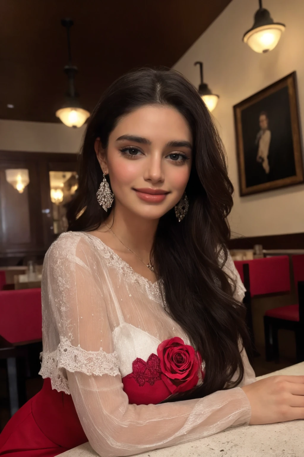 4k, 8k, ultra highres, raw photo in hdr, sharp focus, intricate texture, skin imperfections, realistic, detailed facial features, highly detailed face, posing,perfect lighting,long hair,sitting,detailed background,restaurant,table,menu,flower,plant pot,rose,earrings,<lora:SabZada1:0.7> SabZada1,smile,grin,sheer clothing
