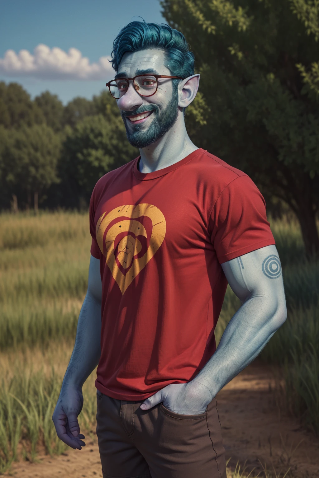 (1 image only),  solo male,  Wilden Lightfoot,  Pixar Animation Onward,  blue skin,  dark blue hair,  short hair,  brown eyes,  thick eyebrows,  pointy ears,  facial hair,  beard,  black-framed-glasses,  (red t-shirt:1.2),  khaki shorts,  mature,  bara,  dilf,  handsome,  charming,  alluring,  smile,  standing,  upper body,  perfect anatomy,  perfect proportions,  (best quality,  masterpiece),  (perfect eyes,  perfect eye pupil),  perfect hands,  high_resolution,  dutch angle,  cowboy shot,  green field,<lora:EMS-300322-EMS:0.700000>