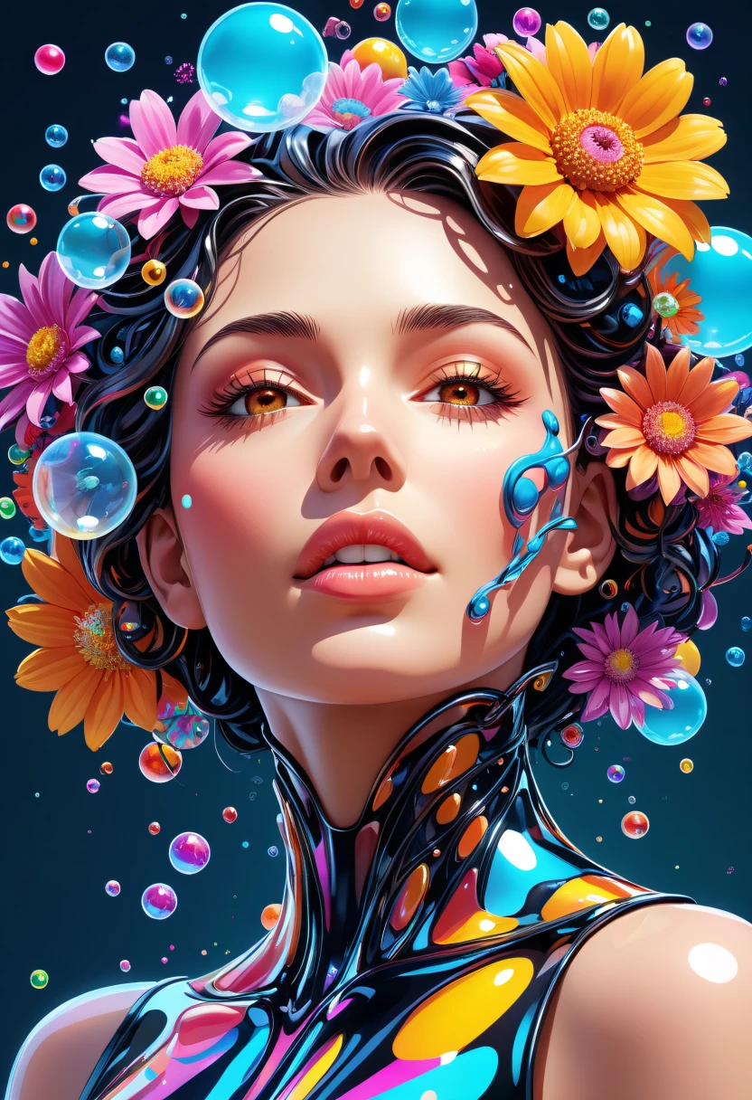 abstract style biomechanical style illustration beautiful woman, colorful melting human head. acrylic bubbles and flowers, ferrofluids, water distortions. looking up, intricate abstract. intricate artwork. beeple. blend of organic and mechanical elements, futuristic, cybernetic, detailed, intricate, dark theme, (in awe:1.2), confident, (surprised:0.7), natural skin, style of Stan Manoukian, physically based unbiased rendering, 3d style, . non-representational, colors and shapes, expression of feelings, imaginative, highly detailed,