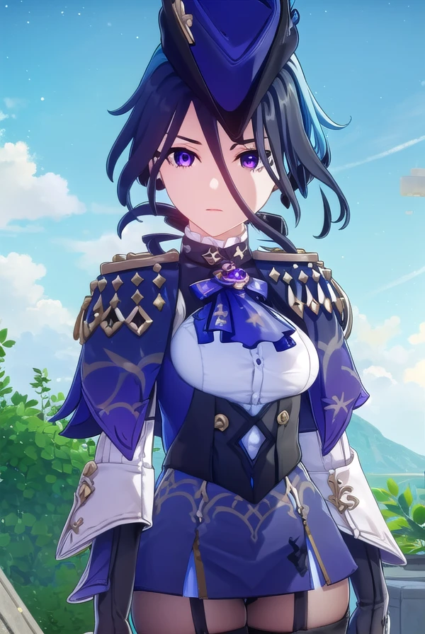 genshinclorinde, <lora:genshin clorinde ingame-lora-nochekaiser:1>,
clorinde, blue hair, (purple eyes:1.1), short hair, streaked hair,
BREAK skirt, gloves, hat, jacket, pantyhose, white gloves, blue headwear, ascot, pauldrons, brooch, corset,
BREAK outdoors,
BREAK looking at viewer, (cowboy shot:1.5),
BREAK <lyco:GoodHands-beta2:1>, (masterpiece:1.2), best quality, high resolution, unity 8k wallpaper, (illustration:0.8), (beautiful detailed eyes:1.6), extremely detailed face, perfect lighting, extremely detailed CG, (perfect hands, perfect anatomy),