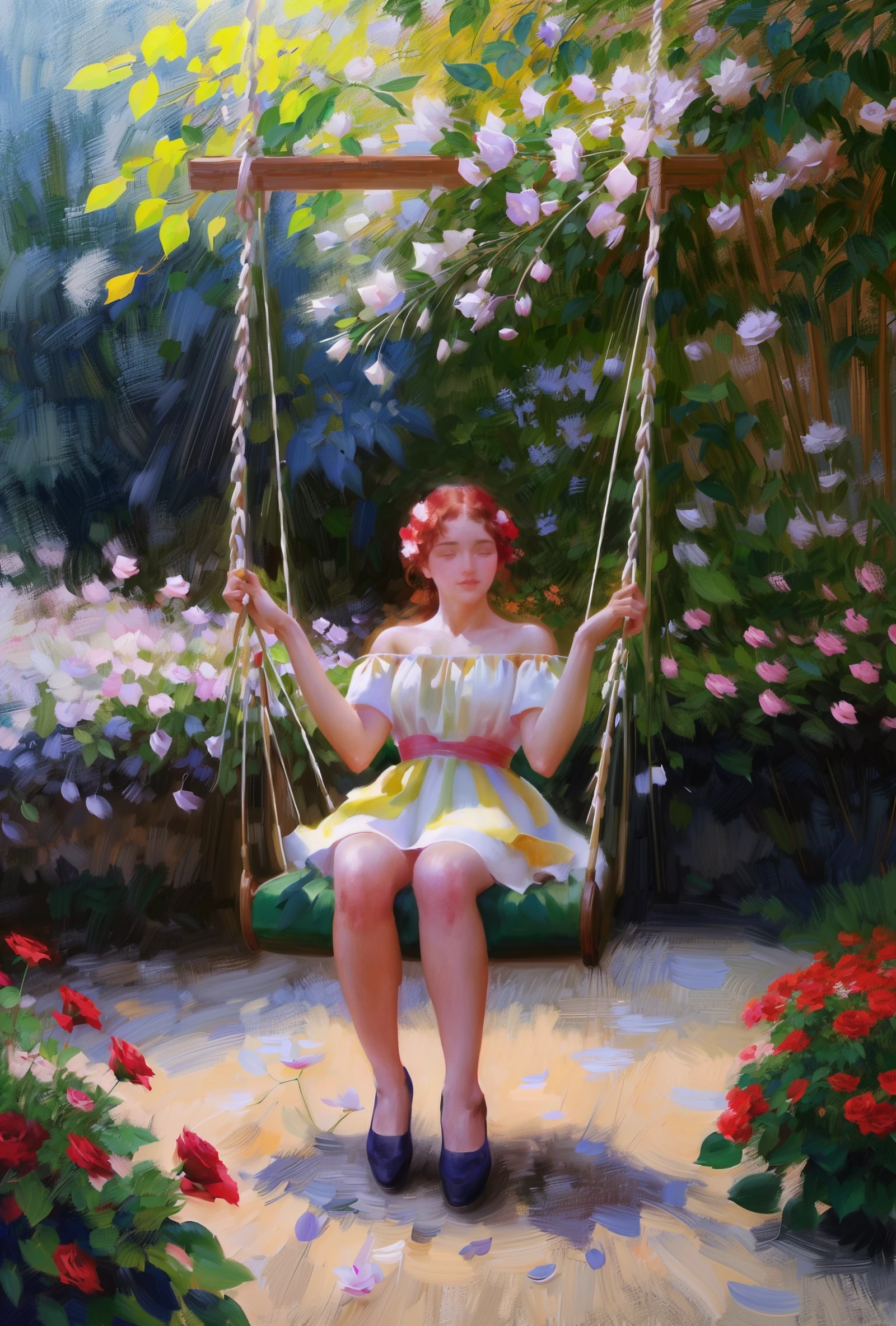 digioils style, a painting of a woman on a swing, garden, flowers, roses, leaf, neon colours, warm colours,<lora:Digitalpainterlyoils-06:1.2>