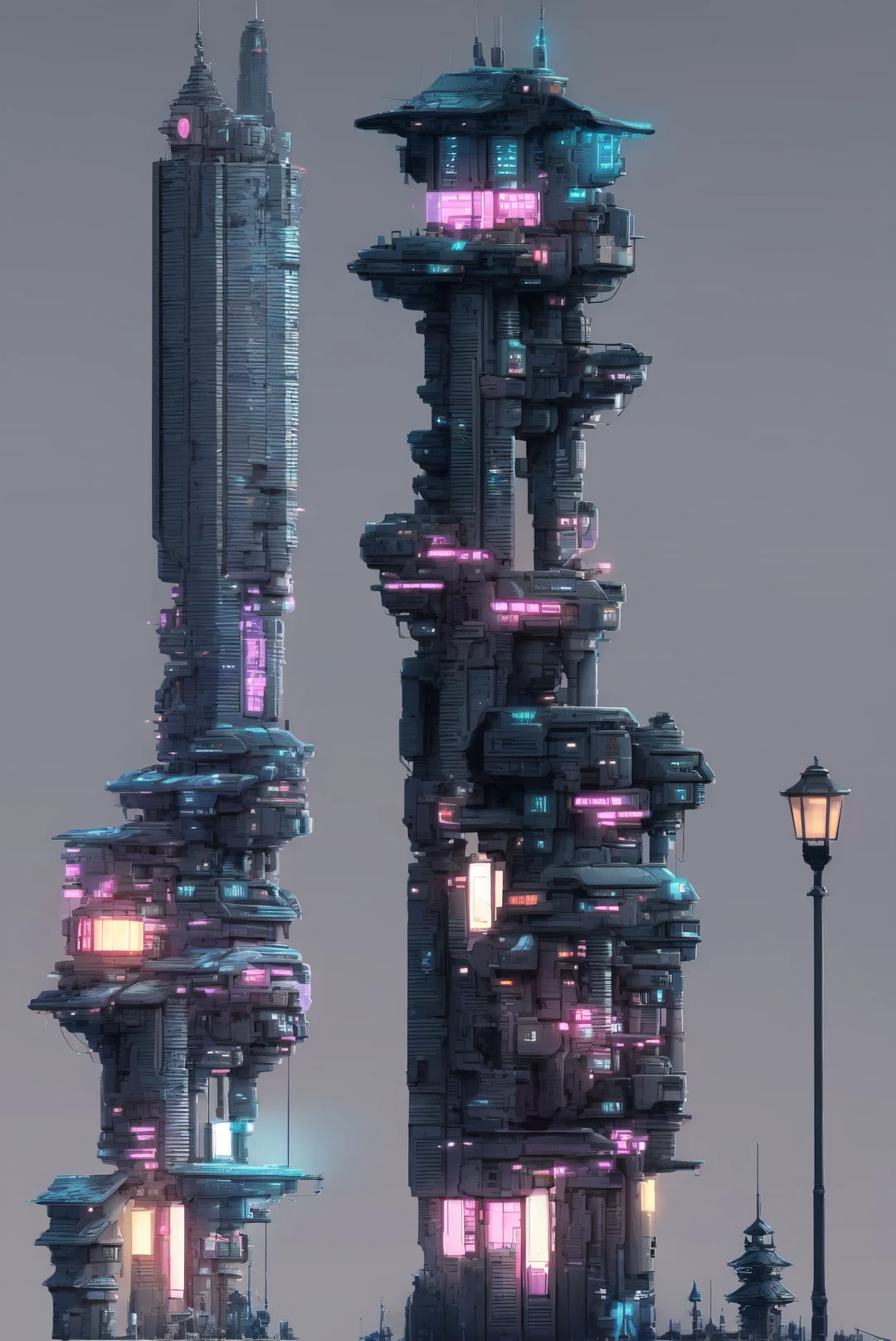 <lora:CyberBuild:1> CyberPunkBuilding, outdoors,sky,grey background,no humans,night,building,scenery,bridge,lamppost,tower,