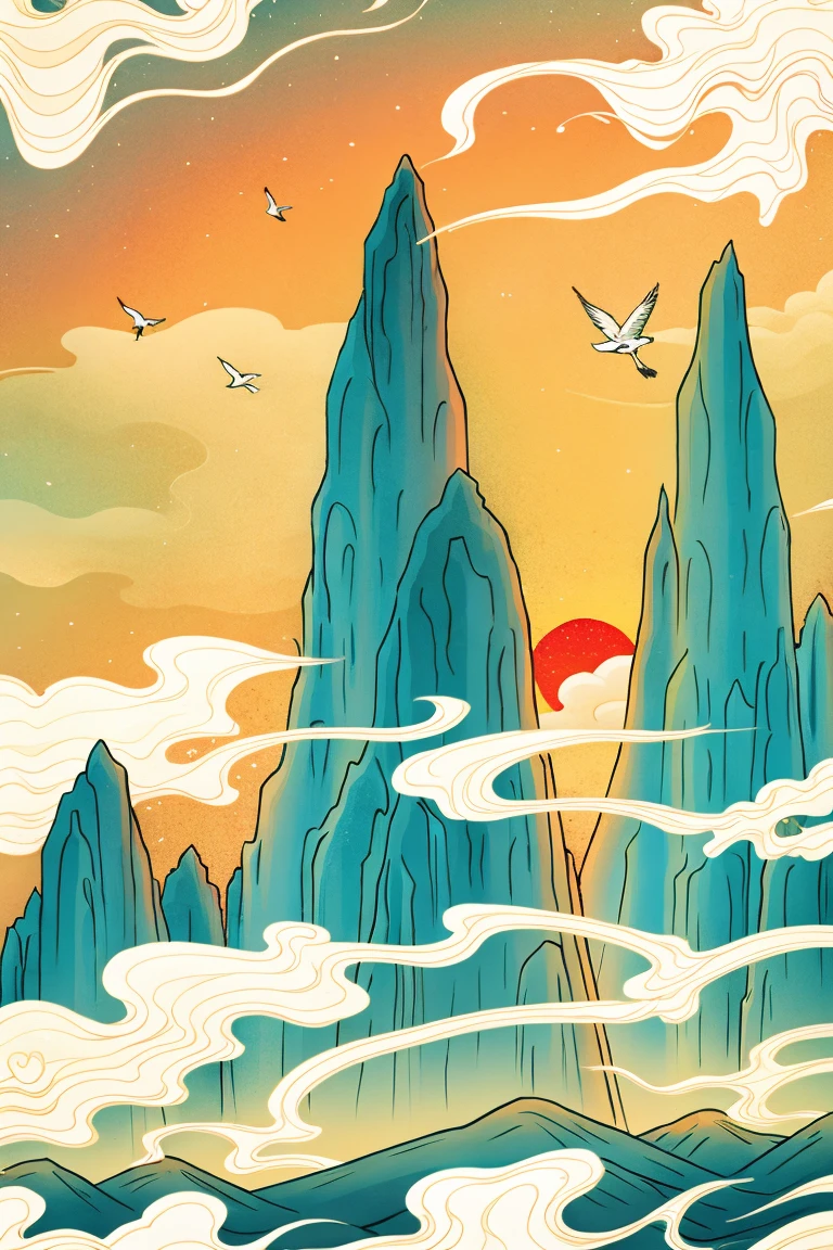HEZI, Ukiyo-e illustration, national style illustration, rich picture, no humans, scenery, sky, bird, cloud, mountain, building, outdoors, smoke, star \(sky\), tower, blue sky, orange sky, fantasy, architecture, starry sky, sunset, artist name, cloudy sky, signature, gradient sky, day, landscape, window, castle, fog, rock, evening, animal, above clouds, twilight