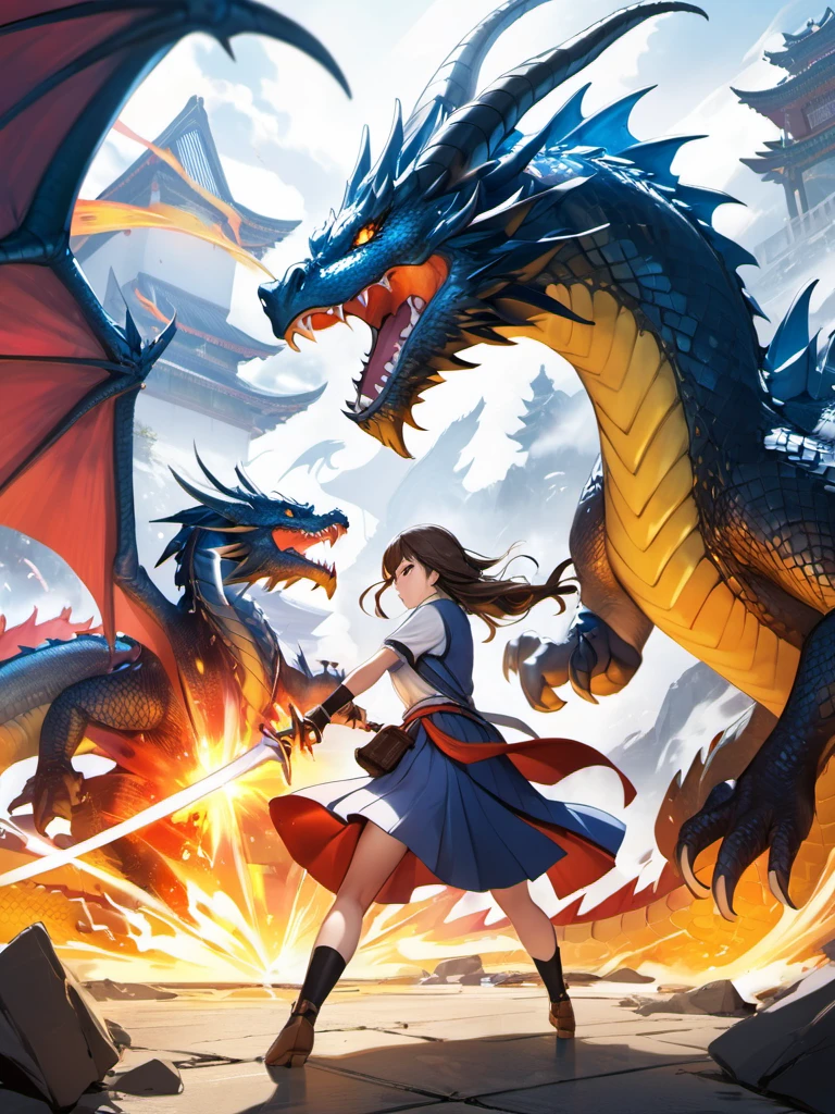 1girl, fighting a dragon, vivid, detailed background, masterpiece, best quality, high quality, absurdres