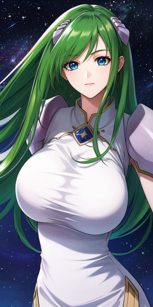 <lora:EmiliaJeniusV3:0.7> emiliajenius, huge_breasts, huge_breasts, standing, solo, china_dress, starry_sky, green_hair,, masterpiece, best_quality, detailed_face, detailed_eyes, highres, beautiful, detailed,