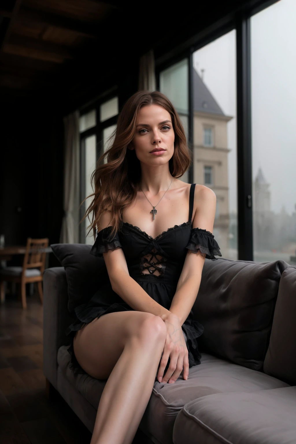 an individual seated in a natural, open setting, with mist or fog adding a mysterious ambiance. The person is dressed in an elaborate gothic style gown with multiple layers of lace and ruffles, which suggests a Victorian influence. The dark color palette of the attire is consistent with gothic fashion, emphasizing the somber and romantic themes often associated with the subculture.
The individual's hair is styled in a tousled manner, with hints of color that may indicate a rebellious or personal twist to the traditional gothic look. They are adorned with ornate jewelry, including a necklace with a prominent pendant that serves as a focal point against the dark fabric of the dress.
The person's pose and distant gaze evoke a contemplative or melancholic mood, which is complemented by the bleak and desolate landscape. The stark contrast between the intricate details of the clothing and the simplicity of the natural surroundings emphasizes the solitude and introspective state of the individual. The overall composition of the image, from the fashion to the setting, creates a narrative that invites the viewer to ponder the story behind the subject's presence in this eerie environment.
<lora:MJ_RED_1_SD15_V1:0.75> mjred1