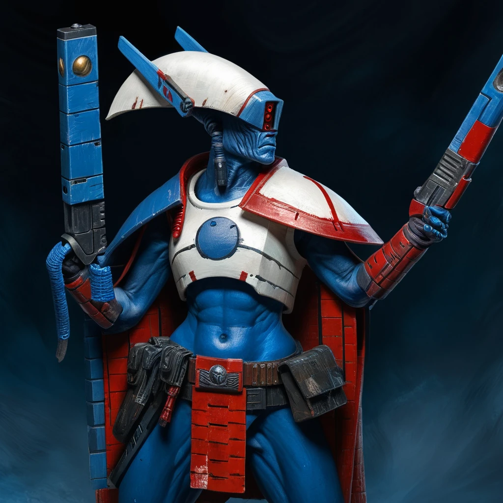 Masterpiece, painting, highest quality, T'au female mercenary, (blue skin), high tech red and white kimono, conical hat, ion rifle, grin, athletic physique, 
vibrant, colorful, dramatic, oil on canvas, sci-fi, (grimdark:0.9), warhammer 40k, nsfw,
Vignette, 2d, [smudge], dynamic pose, extremely detailed,
<lora:Tau:1>