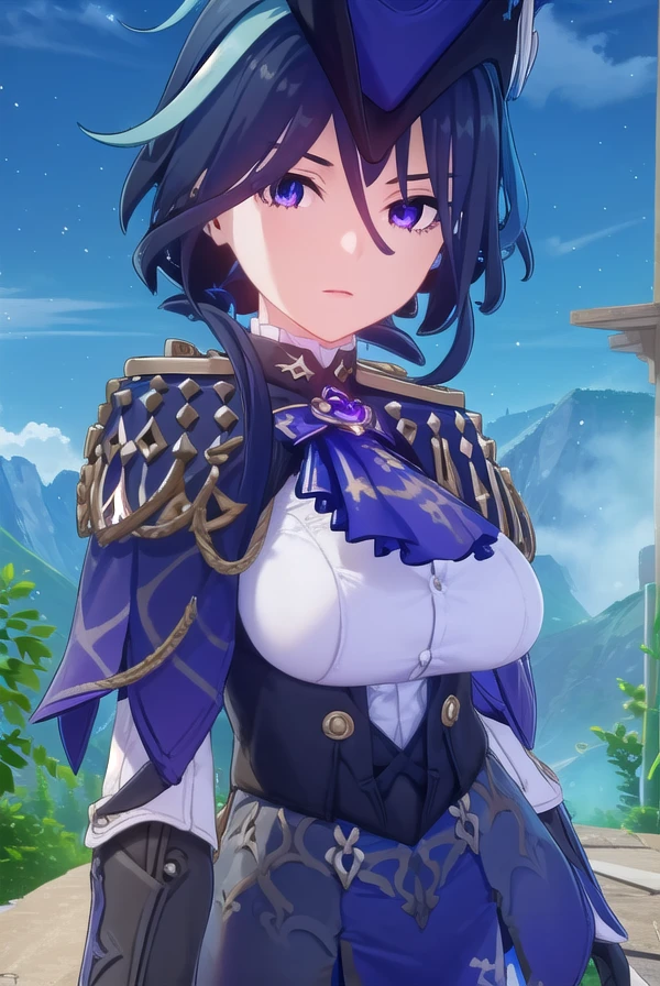 genshinclorinde, <lora:genshin clorinde ingame-lora-nochekaiser:1>,
clorinde, blue hair, (purple eyes:1.1), short hair, streaked hair,
BREAK skirt, gloves, hat, jacket, pantyhose, white gloves, blue headwear, ascot, pauldrons, brooch, corset,
BREAK outdoors,
BREAK looking at viewer, (cowboy shot:1.5),
BREAK <lyco:GoodHands-beta2:1>, (masterpiece:1.2), best quality, high resolution, unity 8k wallpaper, (illustration:0.8), (beautiful detailed eyes:1.6), extremely detailed face, perfect lighting, extremely detailed CG, (perfect hands, perfect anatomy),