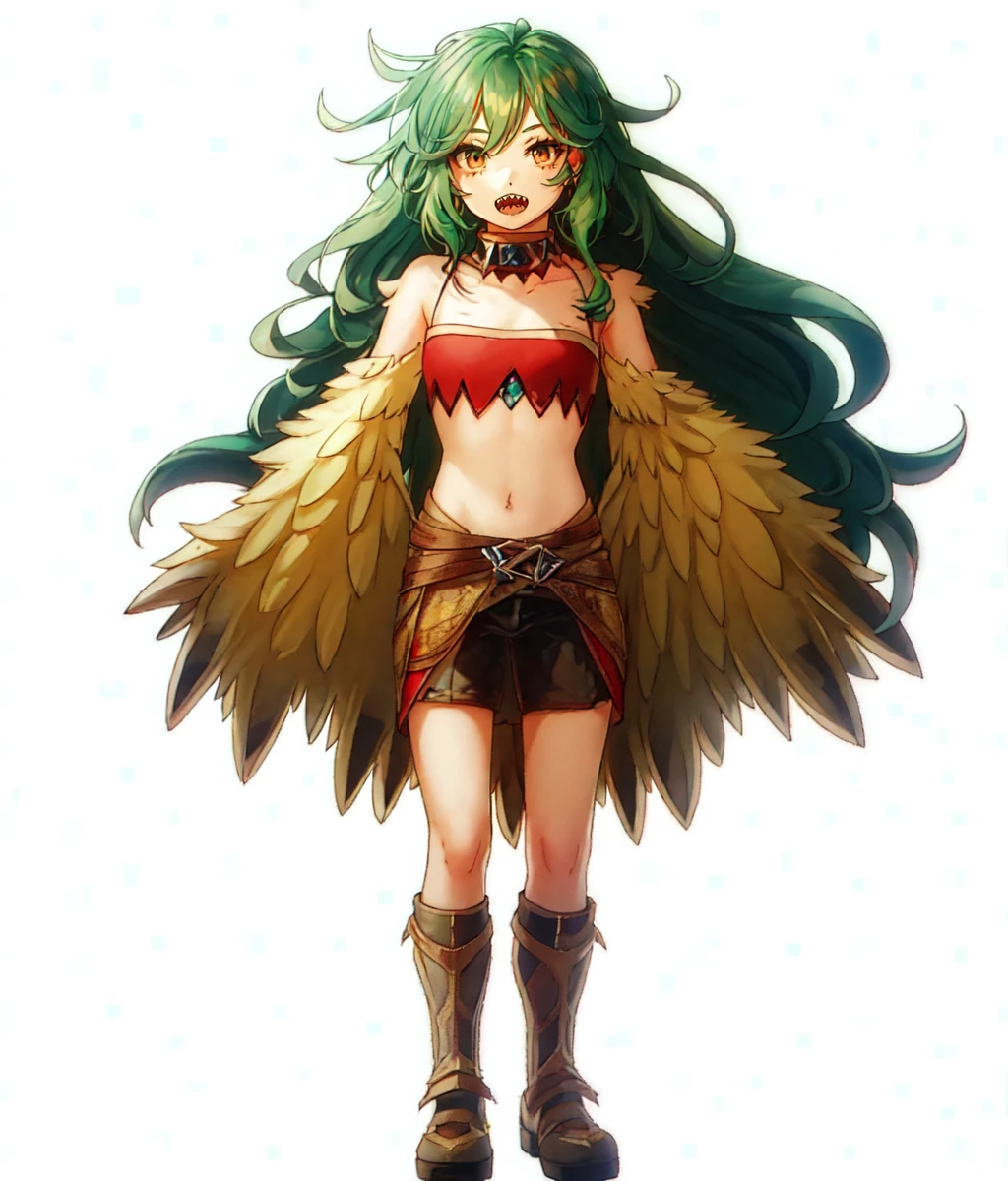 masterpiece, white background, simple background , standing, full body, 1girl, solo, looking at viewer, (((harpy))), long hair, green hair, messy hair, open mouth, sharp teeth, alien eyes <lora:Females Suiko:1>