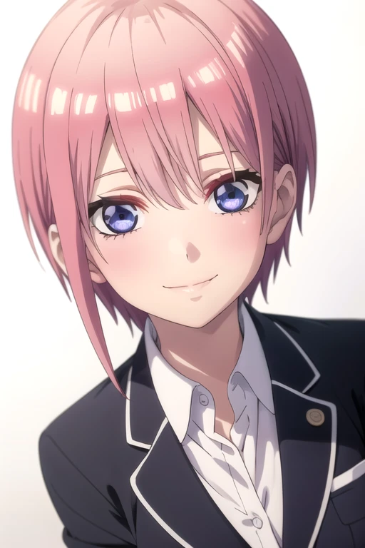 solo, 1girl, looking at viewer, 2D, anime, anime coloring, upper body, (solid white background:1.3), <lora:ichika-5toubun:0.8>, ichika nakano, white shirt, school uniform, looking at viewer, smile
