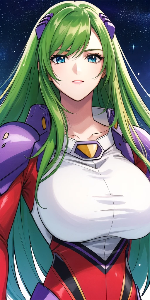 <lora:EmiliaJeniusV3:0.7> emiliajenius, huge_breasts, huge_breasts, standing, solo, Red_pilot_suit_White_bustier_Purple_shoulder_pads_High_collar, starry_sky, green_hair,, masterpiece, best_quality, detailed_face, detailed_eyes, highres, beautiful, detailed,