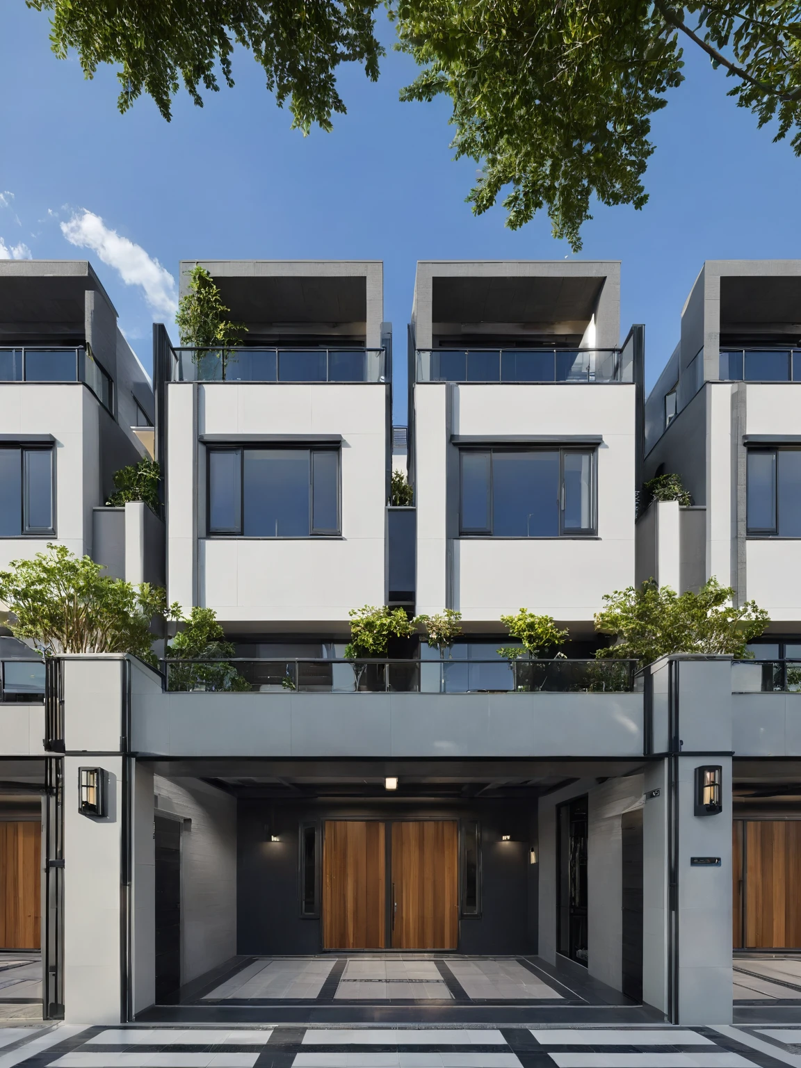 Architectural style, <lora:JJsRowHouse_XL:1>,(masterpiece) , (best quality), ((RowHouse)), dramatic lighting, high quality outdoors, sky, day, cloud, tree, blue sky, building, scenery, road, real world location, sunlight, enough detail, high resolution,super realistic, Photorealistic, highly detailed, balcony, plants, door, gate, paving, . Clean lines, geometric shapes, minimalist, modern, architectural drawing, highly detailed