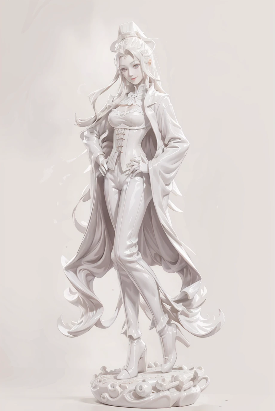 Baicistyle,statue,1girl,very long hair,medium breasts,smile,standing,overcoat,corset,pants,thigh_boots,hands_on_hips,<lora:Baici:0.8>,(white background:1.2),(simple background:1.2),, (masterpiece:1.3), (best quality:1.3),