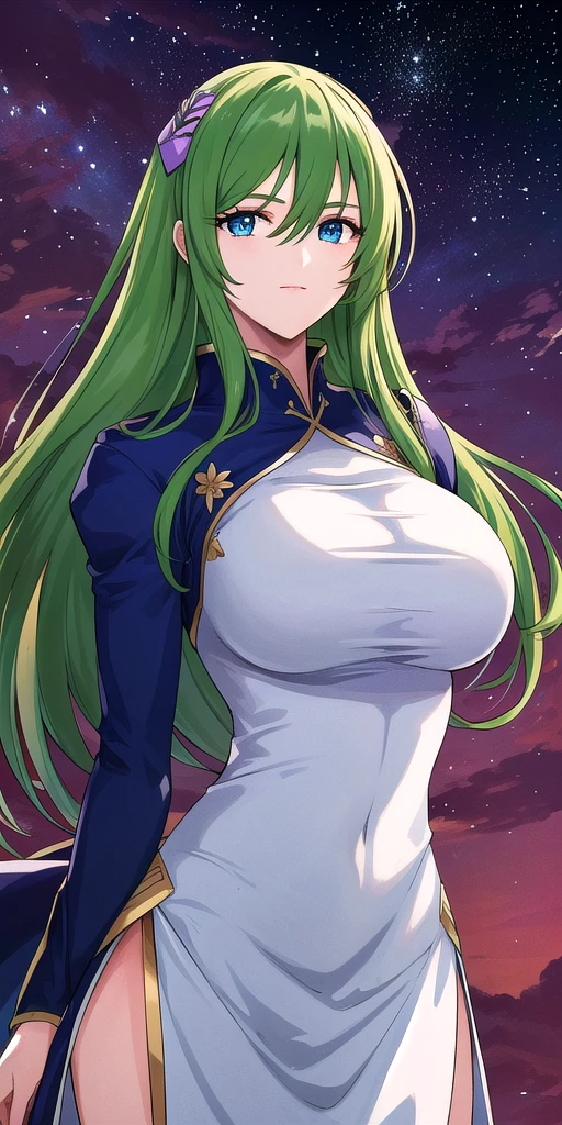 Code Geass, C.C, 1girl, (((bimbo))), long green hair, yellow eyes, ear rings, puffy lips, painted lips, thick lips, wide hips, thick thighs, small breast, huge ass, revealing cleavage, erotic, Smile face, bubble butt, camel toe, Breasts, looking back, sitting, white suit, posing, night time, moon