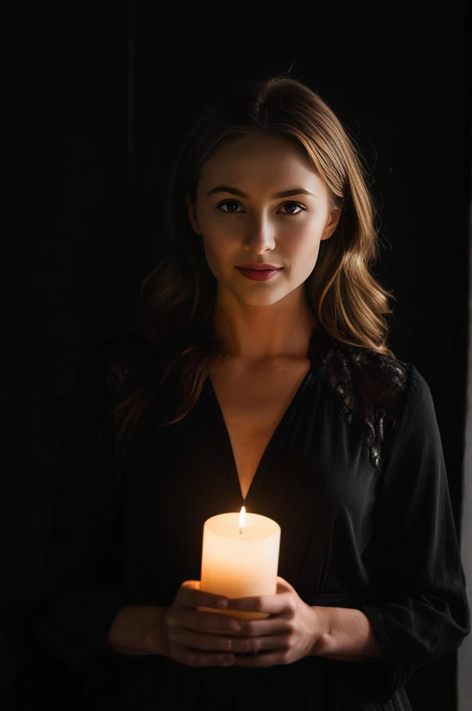 pitch black dark background, woman with a candle