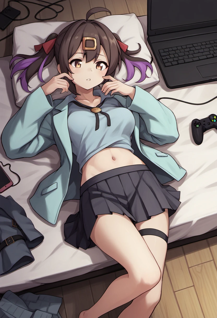 score_9, score_8_up, score_7_up, score_6_up, score_5_up, score_4_up, source_anime, BREAK
OyamaMihari, 1girl, solo, twintails, 1girl, skirt, thighhighs, navel, ahoge, on back, jacket, lying, open clothes, open jacket, computer, cup, pleated skirt, solo, phone, laptop, midriff, cellphone, controller, breasts, asymmetrical legwear, single thighhigh, smartphone, long sleeves, belt, game controller, thigh strap, wooden floor, keyboard (computer), miniskirt, disposable cup, feet out of frame, bed, messy room,
<lora:OyamaMihari_PD6XL:1>