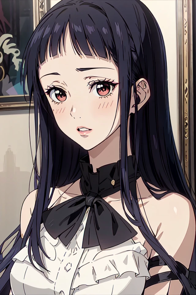 Yukari_Hayasaka, 1girl, (masterpice:1.3), highres, high-detailed, high quality, (perfect face and eyes), detailed face, dynamic light, black hair, long hair, baby bangs, blunt bangs, makeup, eyelashes, tall, skinny, fashion, model, fashion model, gorgeous dress,