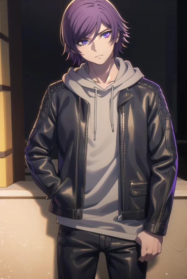 akudamacourier, <lora:akudama courier s1-lora-nochekaiser:1>,
courier, short hair, bangs, purple hair, male focus, (purple eyes:1.1),
BREAK jacket, open clothes, pants, hood, open jacket, black jacket, hoodie, black pants, hood down,
BREAK outdoors, city,
BREAK looking at viewer, (cowboy shot:1.5),
BREAK <lyco:GoodHands-beta2:1>, (masterpiece:1.2), best quality, high resolution, unity 8k wallpaper, (illustration:0.8), (beautiful detailed eyes:1.6), extremely detailed face, perfect lighting, extremely detailed CG, (perfect hands, perfect anatomy),