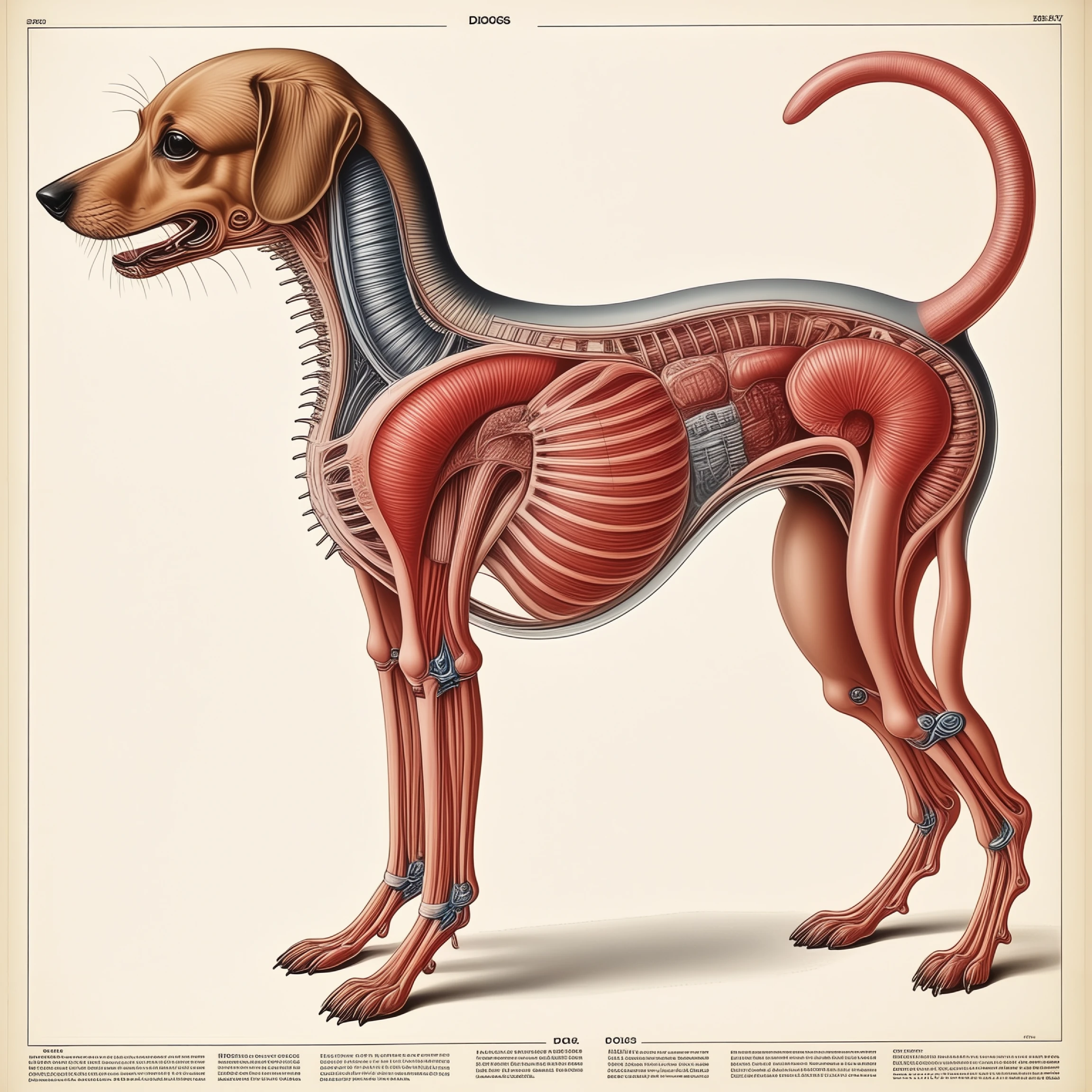 anatomical, This is a detailed anatomical illustration of a dog, showing a side cutaway view. It reveals the internal organs and skeletal structure of the dog's body. Muscles are depicted in red, and various parts of the anatomy are labeled, likely explaining the different components and their functions. The dog's external appearance is represented at the head and the beginning of the neck. The rest focuses on the internal structures extending to the hind legs. 