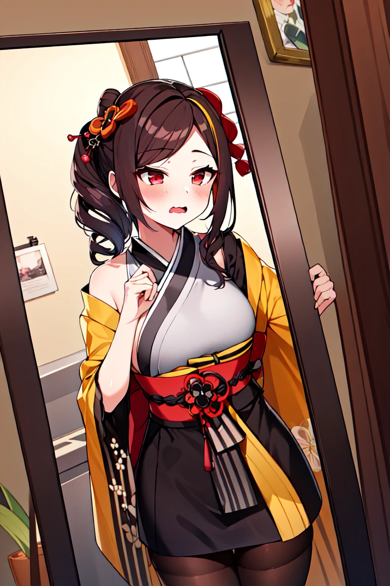 1girl, solo, <lora:txtChioriV2-000008:0.7>, txtchiori, streaked hair, japanese clothes, kimono, sash, hair ornament, black pantyhose, in the bathroom, mirror, reflection, blush, wavy mouth,