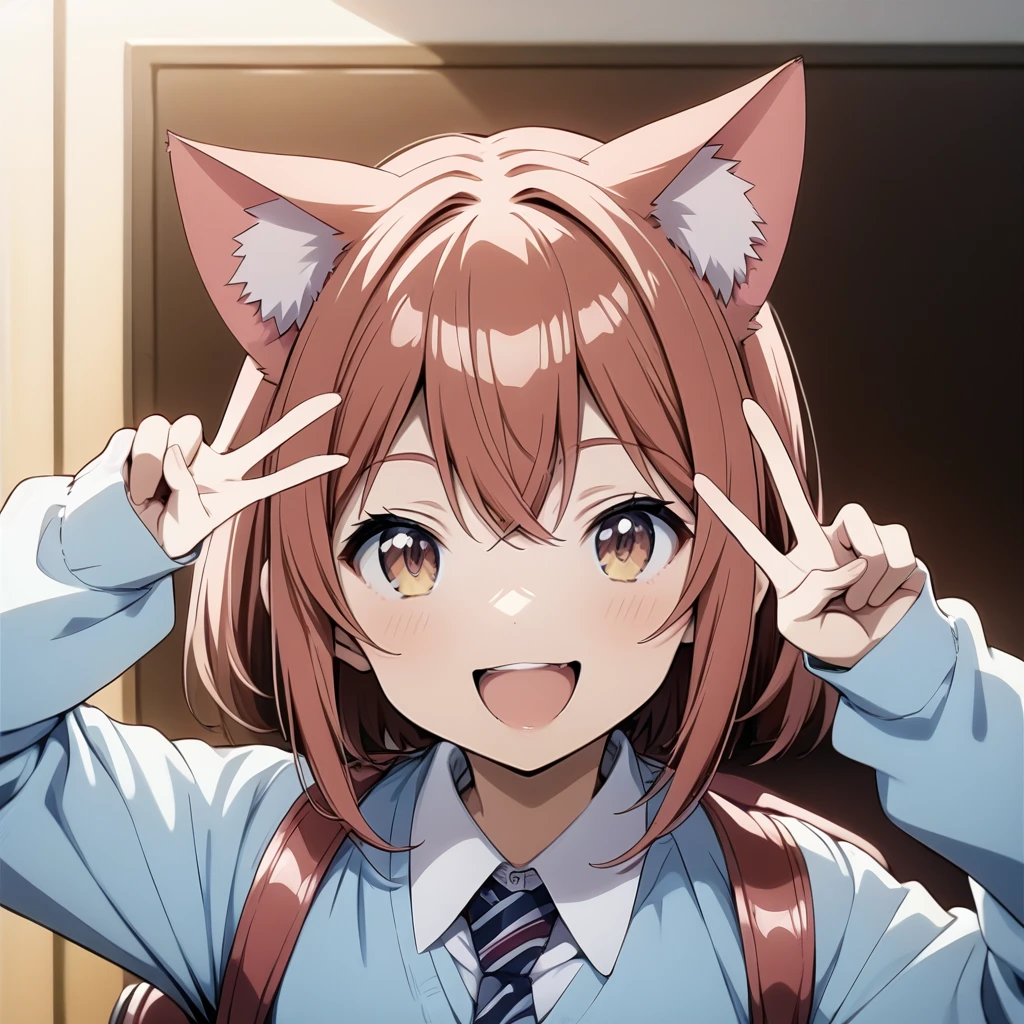 1girl,
red_hair,
cat_ears,
smile,upper teeth only,
collared_shirt,
peace_sign,
backpack,
portrait,