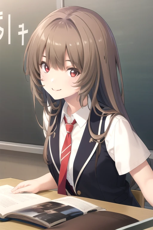 ((masterpiece)),(best quality),official art,extremely detailed CG,unity 8k wallpaper,ultra detailed,beautiful detailed eyes,extremely detailed face,classroom,1girl,solo,upper body,(portrait:1.5),looking at viewer,facing viewer,smile,very long hair,brown hair,floating hair,sidelocks,blunt bangs,red eyes,black vest,wing collar,red necktie,dress shirt,white shirt,collared shirt,short sleeves,medium breasts,miniskirt,pleated skirt,plaid skirt,zettai ryouiki,black thighhighs,loafers,<lora:Hibikino Tsumugi(hscweys)>,
