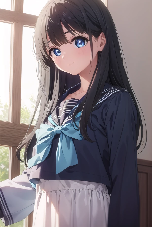 komichiakebi, <lora:komichi akebi s1-lora-nochekaiser:1>,
komichi akebi, long hair, bangs, blue eyes, black hair, smile,
BREAK shirt, long sleeves, bow, school uniform, white shirt, serafuku, sailor collar, neckerchief, blue bow, black sailor collar, blue neckerchief,
BREAK indoors, classroom,
BREAK looking at viewer, (cowboy shot:1.5),
BREAK <lyco:GoodHands-beta2:1>, (masterpiece:1.2), best quality, high resolution, unity 8k wallpaper, (illustration:0.8), (beautiful detailed eyes:1.6), extremely detailed face, perfect lighting, extremely detailed CG, (perfect hands, perfect anatomy),