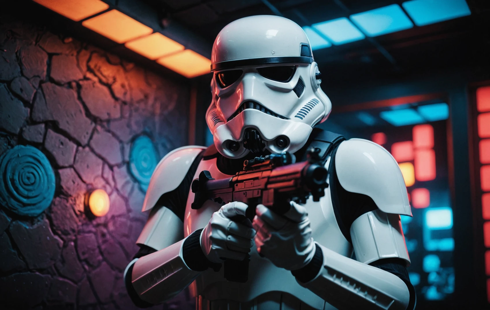 cinematic film still, Storm Trooper, colored lights, amazing quality, wallpaper, analog film grain <lora:aesthetic_anime_v1s:0.5> <lora:add-detail-xl:1.1>