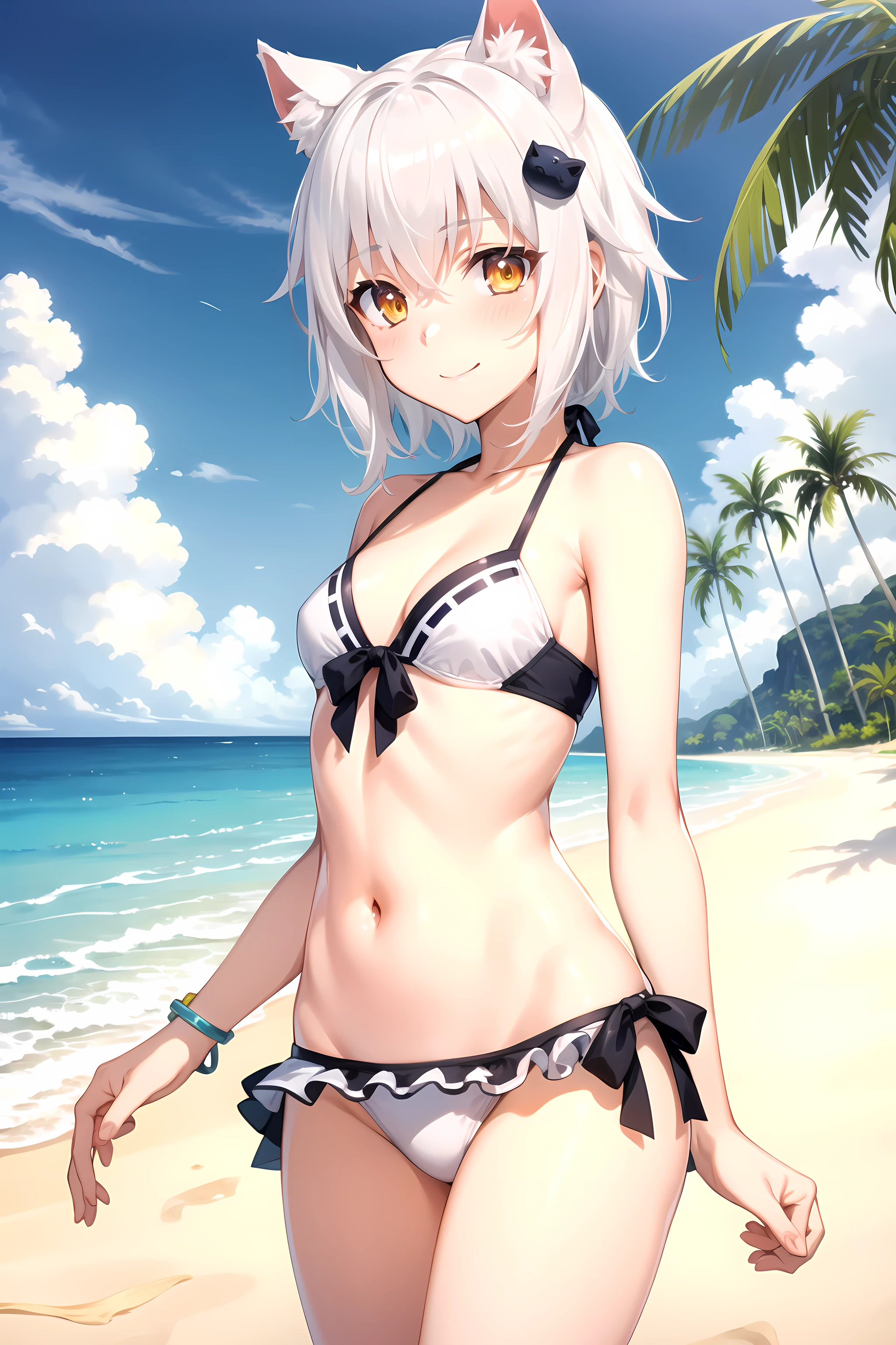 best quality, masterpiece, detailed,
<lora:HighSchoolDxD_ToujoKoneko:0.8>, ToujoKoneko,
1girl, closed mouth, light smile, blush,
white hair, yellow eyes, short hair, cat ears, cat hair ornament,
white bikini, small breasts,
looking at viewer,
beach, water, palm