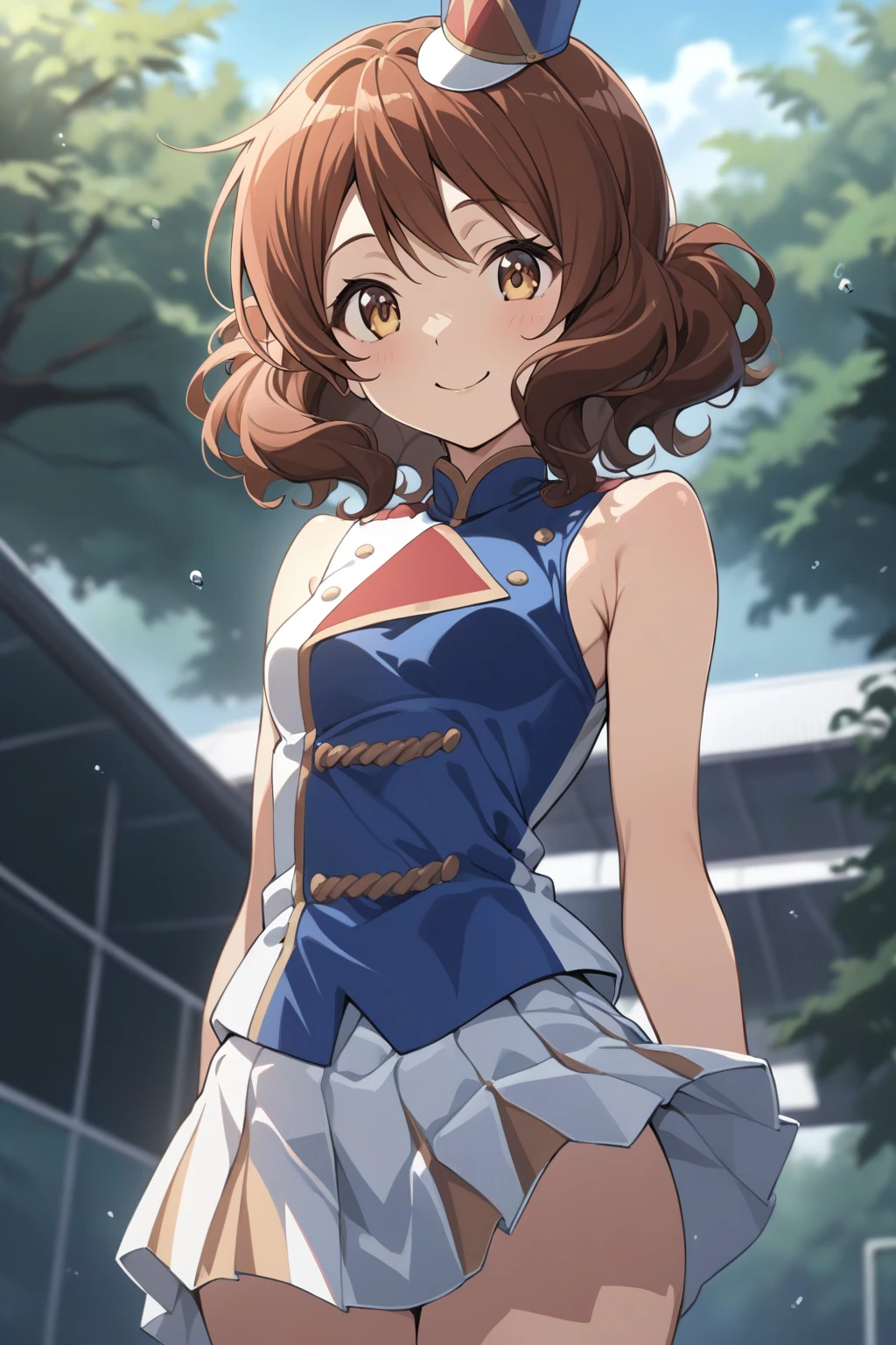 1girl,<lora:kumiko_xl:0.5:lbw=1,0,0,0,0,0,1,1,0,0,0,0>, oumae kumiko,medium hair,
<lora:sunfes_xl_bw:1.5>, sunfes,band uniform,mini shako cap,sleeveless,blue vest,small breasts,smile,cowboy shot,outdoors,
rating: general,masterpiece,best quality,