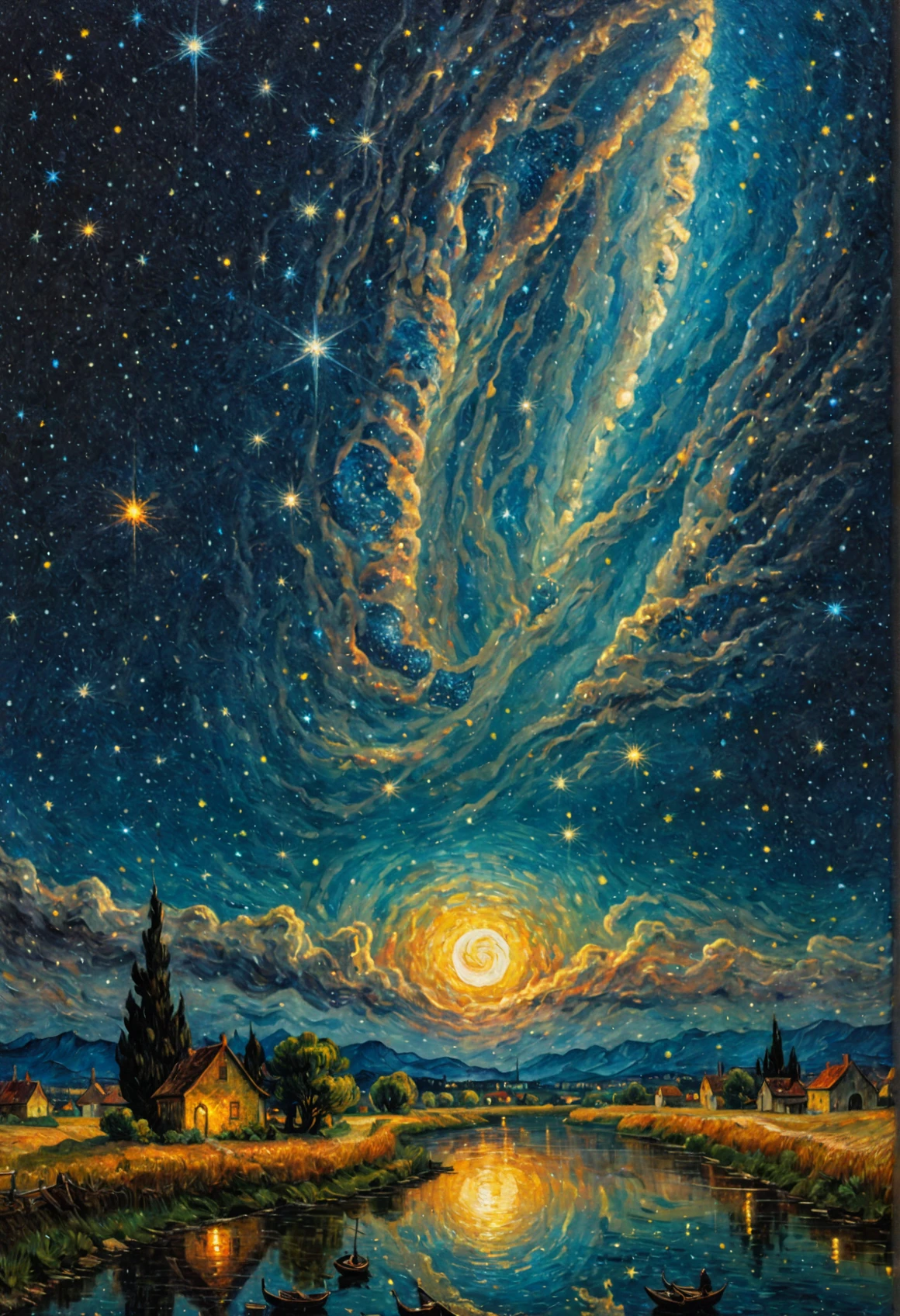 Colorful vincent van gogh starry night sky :: cinematic 16k resolution masterpiece illustration painting consisting of oil, watercolors and ink :: spiral galaxy in the sky :: alien invasion fleet :: frisco watercolors and oil sky raining shooting stars twinkling stars glistening stars glittery stars large full moon stars :: Ivan Aivazovsky Kentaro Miura Gustave Doré Greg Rutkowski romantic naturalism starry night landscape :: intricate motifs perfect composition masterpiece insanely-detailed extreme-detailed hyper-detailed beautiful volumetric deep rich colors volumetric lighting shadows Ray tracing smooth perfect texture :: james webb space telescope
<lora:James_Webb_Space_Telescope:1>