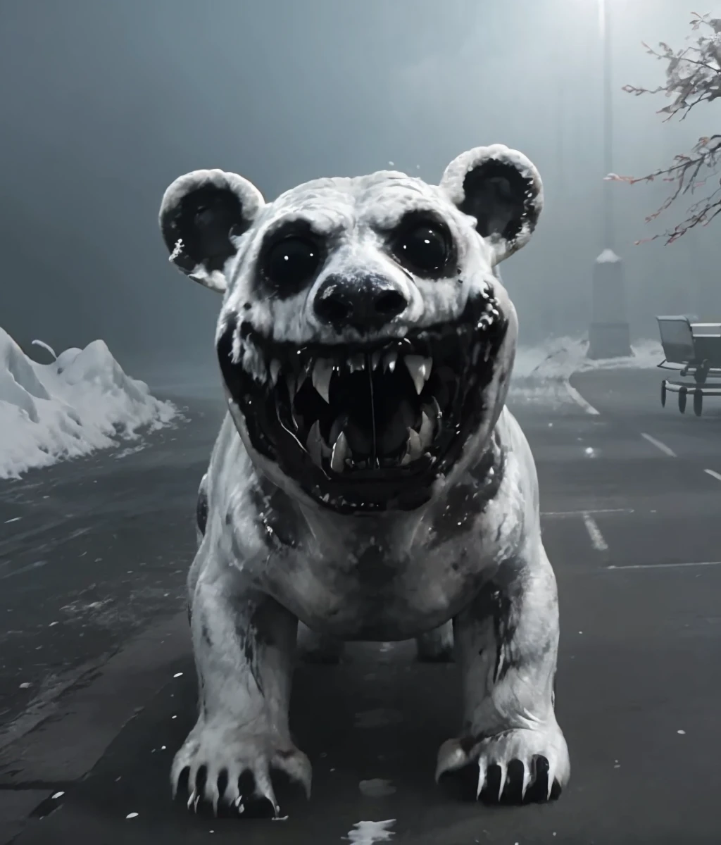 <lora:Role_smile_cat_v1.0:0.7>,smile cat,animal,crazy smile,black lips,black mouth,BLACK EYES,no_pupils,nostrils,white_fur,long neck,(polar bear:1.3),monster,sharp_teeth,long tongue,bleeding,blood stain,mucus,drooling,open_mouth,full body,dark,(snowing:1.2),(snow shelter:1.2),horror \(theme\),a huge body,(motion blur:1.4),<lora:Horror_BodHor_V1:0.8>,disgusting,creature,