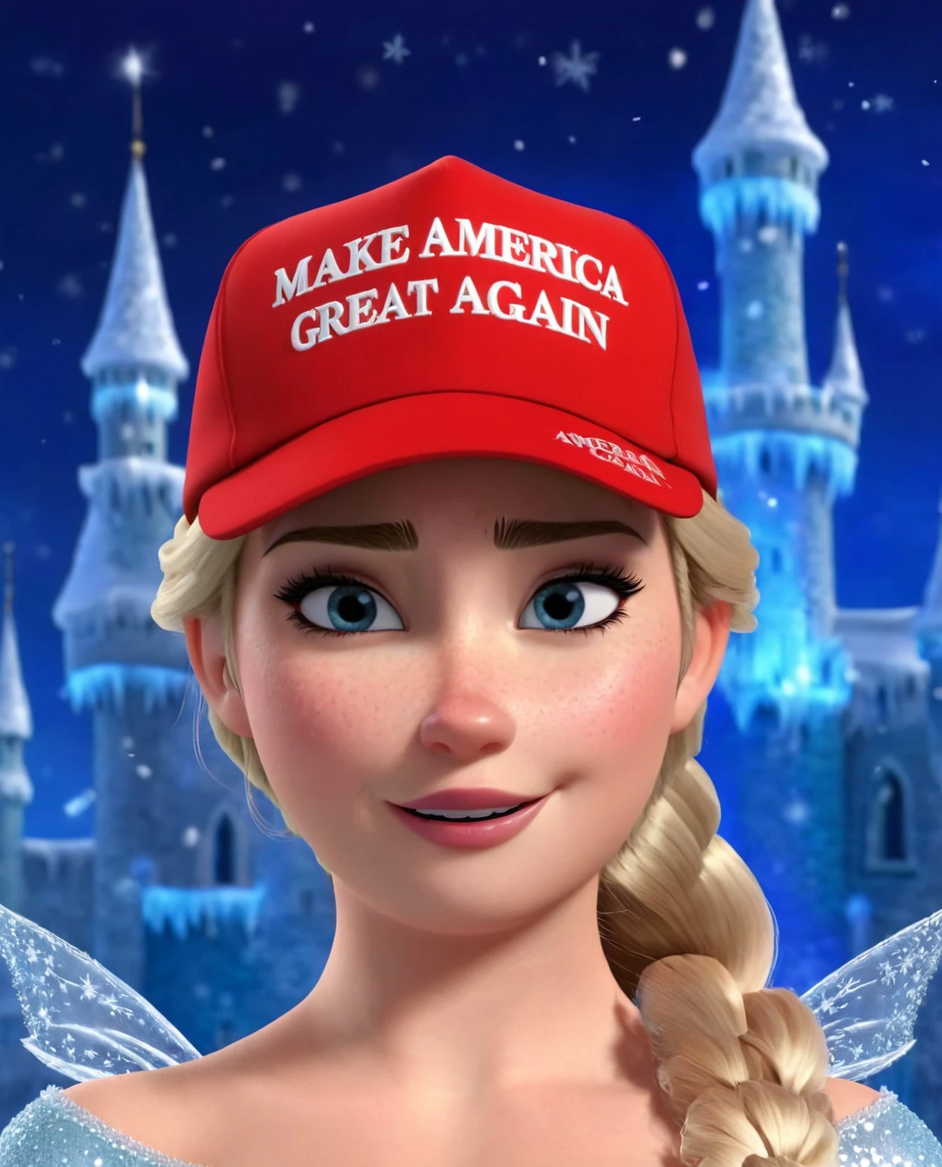 woman wearing red maga hat closeup. upper body. fairy tale at background. elsa from frozen. 3D. pixar. professional. photo. high quality. highres. ([:hat with text "make america great again":0.5]:1.1). <lora:maga_hat_optimized:1.0>