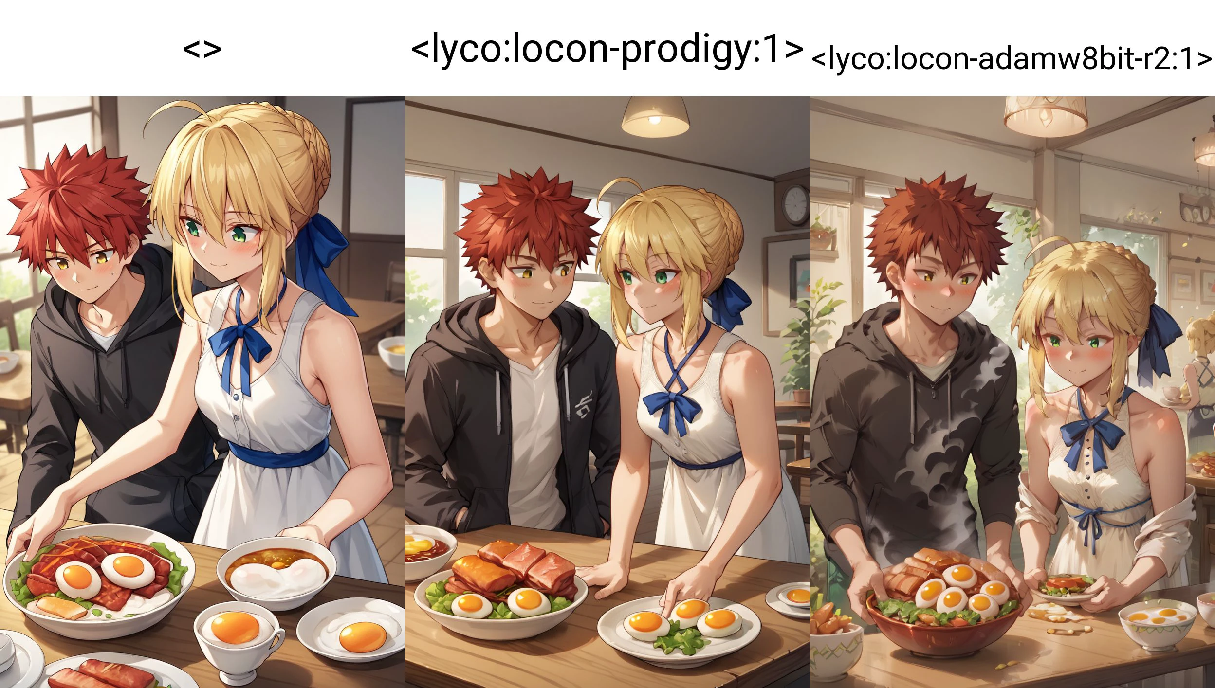 1boy, 1girl, artoria pendragon \(fate\), emiya shirou, ahoge, alternate costume, bangs, bare arms, bare shoulders, black hoodie, black jacket, blonde hair, blue bow, blue ribbon, blush, bow, bowl, braid, braided bun, breasts, casual, closed mouth, collarbone, cup, drawstring, dress, egg, egg \(food\), food, fried egg, green eyes, hair between eyes, hair bow, hair bun, hair ribbon, holding, holding plate, hood, hood down, hooded jacket, hoodie, indoors, jacket, leaning forward, light smile, long sleeves, looking at another, looking down, meat, neck ribbon, open clothes, open hoodie, plate, red eyes, red hair, ribbon, rice, shirt, short hair, sidelocks, single hair bun, sleeveless, sleeveless dress, small breasts, smile, soup, spiked hair, standing, steam, table, upper body, white dress, white shirt, wooden table, yellow eyes
BREAK score_9, score_8_up, score_7_up, score_6_up, score_5_up, score_4_up, <>