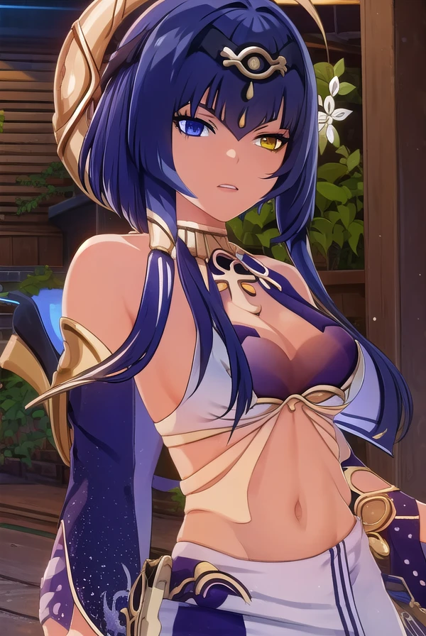 genshincandace, <lora:genshin candace ingame-lora-nochekaiser:1>,
candace, bangs, blue eyes, hair ornament, blue hair, (yellow eyes:1.3), sidelocks, dark skin, dark-skinned female, (heterochromia:1.5), short hair with long locks, eye of horus,
BREAK navel, jewelry, detached sleeves, nail polish, egyptian clothes,
BREAK outdoors,
BREAK looking at viewer, (cowboy shot:1.5),
BREAK <lyco:GoodHands-beta2:1>, (masterpiece:1.2), best quality, high resolution, unity 8k wallpaper, (illustration:0.8), (beautiful detailed eyes:1.6), extremely detailed face, perfect lighting, extremely detailed CG, (perfect hands, perfect anatomy),