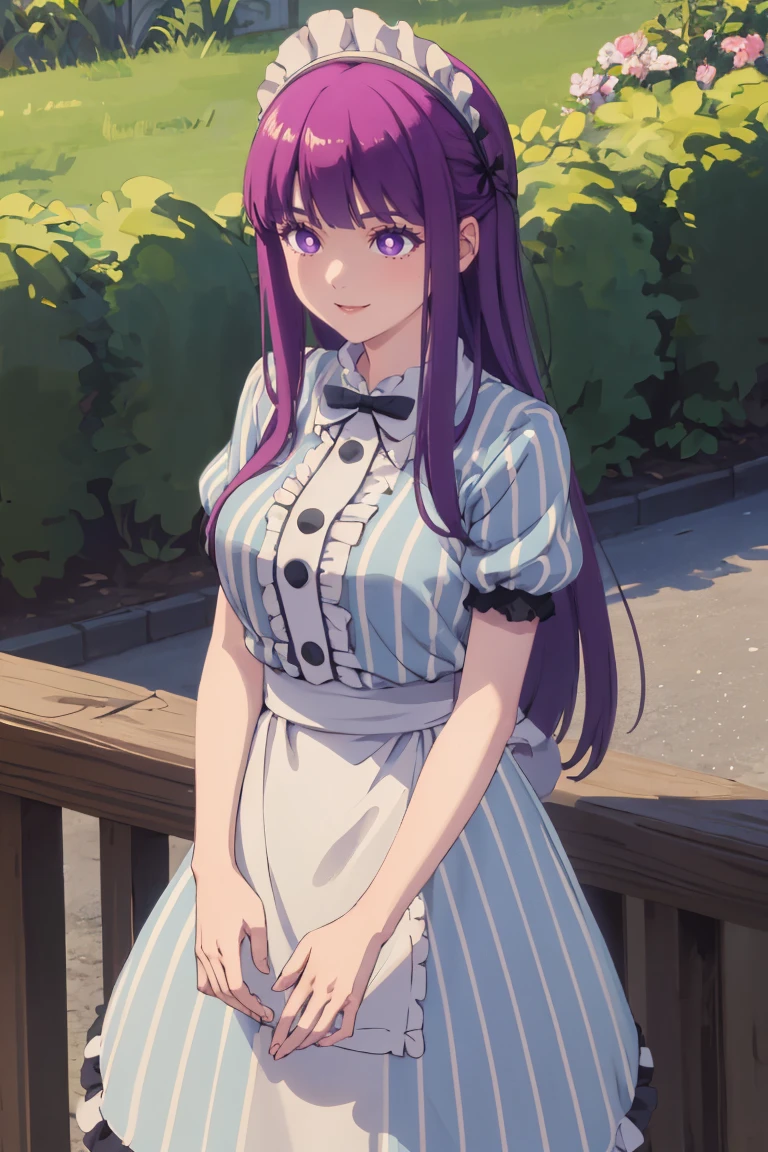 masterpiece, best quality, absurdres, 1girl, solo, FernFrieren, very long hair, purple eyes, (purple pupils), CafeTerraceUniform, maid headdress, striped dress, white apron, black ribbon, outdoors, smile, <lora:CafeTerraceUniform:1>, <lora:Fern:0.8>