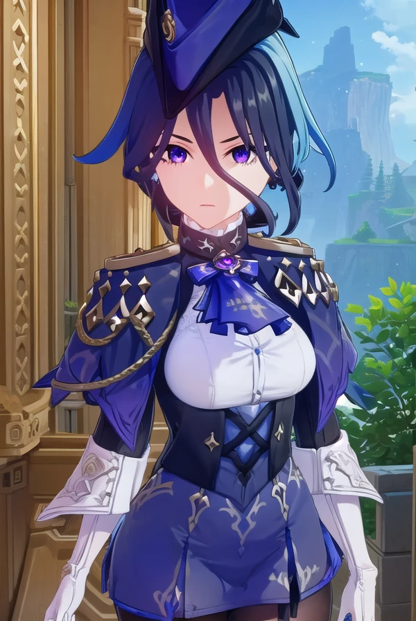 genshinclorinde, <lora:genshin clorinde ingame-lora-nochekaiser:1>,
clorinde, blue hair, (purple eyes:1.1), short hair, streaked hair,
BREAK skirt, gloves, hat, jacket, pantyhose, white gloves, blue headwear, ascot, pauldrons, brooch, corset,
BREAK outdoors,
BREAK looking at viewer, (cowboy shot:1.5),
BREAK <lyco:GoodHands-beta2:1>, (masterpiece:1.2), best quality, high resolution, unity 8k wallpaper, (illustration:0.8), (beautiful detailed eyes:1.6), extremely detailed face, perfect lighting, extremely detailed CG, (perfect hands, perfect anatomy),