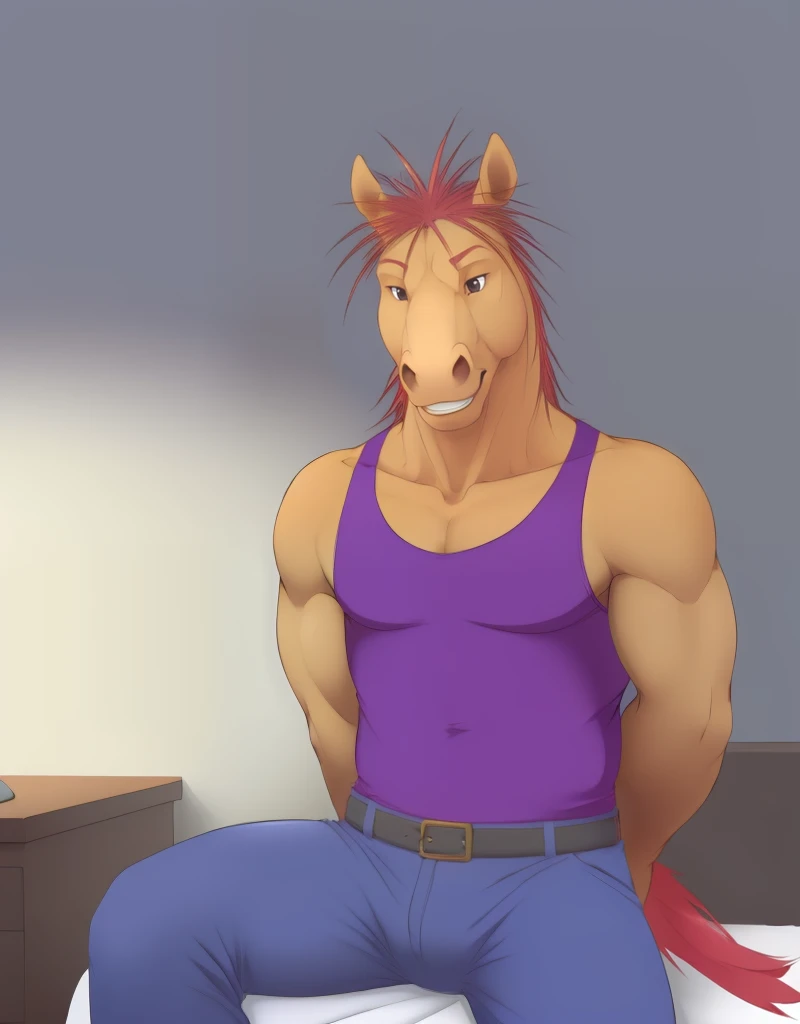 (((detailed eyes, detailed face))), (furry, keisuke <lora:character_keisuke_findigo_v1:0.9>, dark skin, pink hair, spiked hair, horse boy, black eyes), male, (solo), (plump), (purple tank top, sleeveless, blue pants), sitting, (arms behind back), smile BREAK (konzaburou, ukan_muri, cute), bedroom, (flat shading, flat color, high brightness), 8k, UHD, masterpiece, (full body)