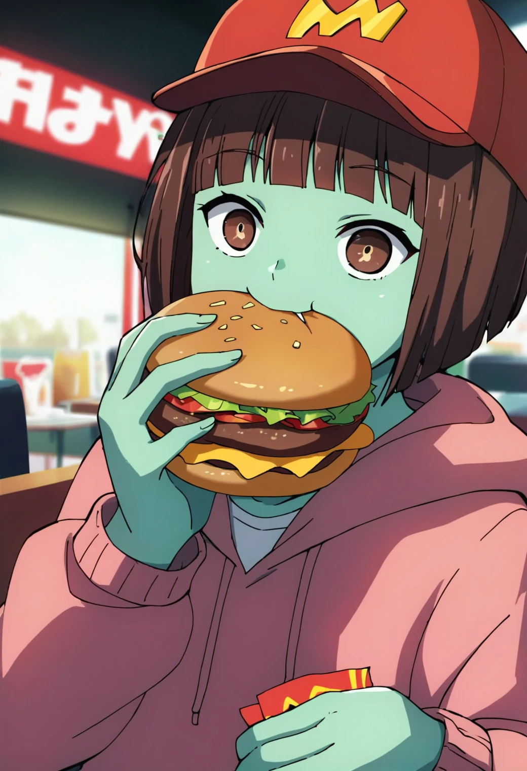 1girl, solo, anakzahard, <lora:anak_zahard_ponyxl_v1:0.9>, green skin, short hair, bob cut, brown hair, brown eyes, BREAK
hoodie, baseball cap, BREAK
mcdonald's, burger, flipping burger, holding burger, eating burger, eating, food, BREAK
score_9, score_8_up, score_7_up, score_6_up, score_5_up, score_4_up, anime, detailed eyes, (screencap:0.3)