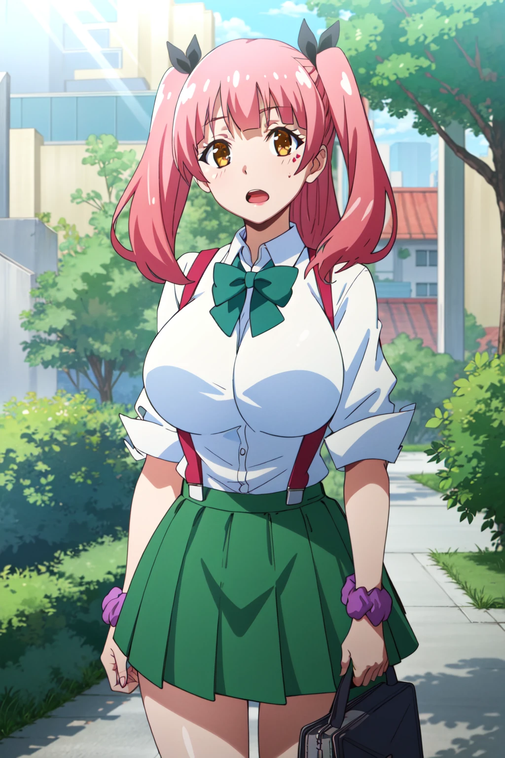 <lora:anime_screencap_v2:0.3> tall body, tall, long legs, mature female, mature, adult, <lora:GoodHands-beta2:1.4>, outdoors, park, garden, lake, sunshine, sunlight, bright, greenery
<lora:eft_hajimete_big-05:0.7> eft_hajimete_big, 1girl, breasts, wrist scrunchie, pink hair, scrunchie, skirt, bow, twintails, open mouth, shirt, large breasts, suspenders, 1boy, green skirt, brown eyes, bowtie, school uniform, pleated skirt, white shirt, solo focus, bangs, long hair, green bow, collared shirt, huge breasts, short sleeves, suspender skirt, green jacket, sleeves rolled up, out of frame, hair ribbon, ribbon