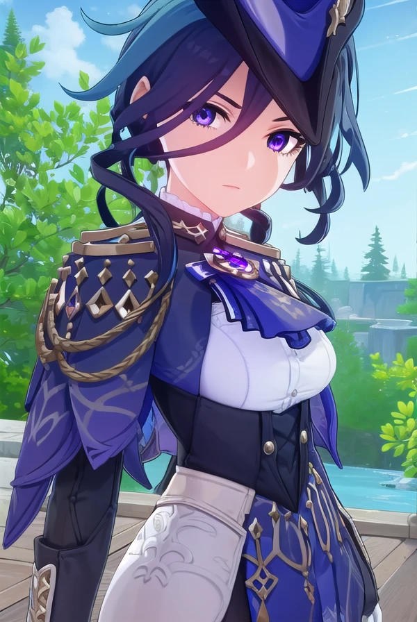 genshinclorinde, <lora:genshin clorinde ingame-lora-nochekaiser:1>,
clorinde, blue hair, (purple eyes:1.1), short hair, streaked hair,
BREAK skirt, gloves, hat, jacket, pantyhose, white gloves, blue headwear, ascot, pauldrons, brooch, corset,
BREAK outdoors,
BREAK looking at viewer, (cowboy shot:1.5),
BREAK <lyco:GoodHands-beta2:1>, (masterpiece:1.2), best quality, high resolution, unity 8k wallpaper, (illustration:0.8), (beautiful detailed eyes:1.6), extremely detailed face, perfect lighting, extremely detailed CG, (perfect hands, perfect anatomy),